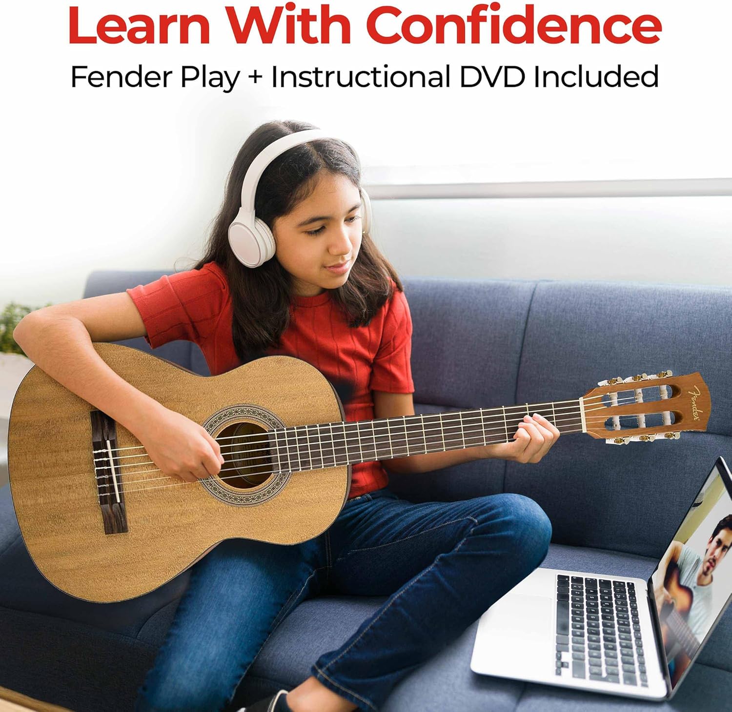 Fender FA-15N 3/4-Size Kids Classical Guitar - Natural Learn-to-Play Bundle with Gig Bag, Tuner, Picks and Austin Bazaar Instructional DVD