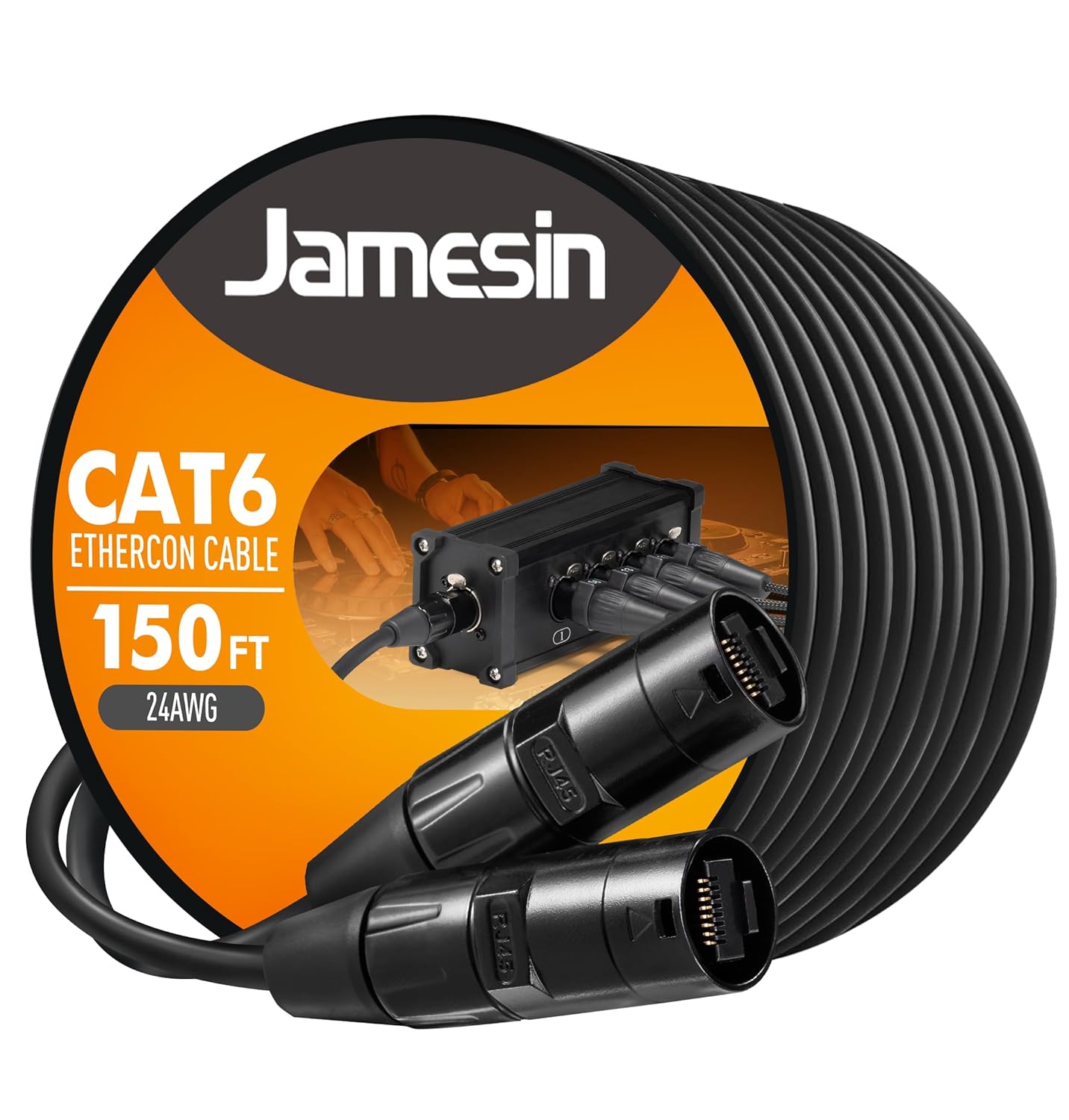 Jamesin CAT6 Shielded Ethercon Cable, 150 Feet, with Booted Rj45, Tactical Locking Ethernet, and Converta-Shell Connectors, for Studio Setups, Touring, Stage Production, Concerts & Other Applications