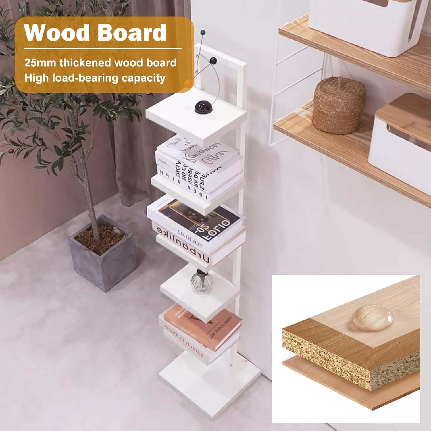 Vertical Bookshelf Tower Modern Shelf, White Metal Frame & Wood Board Bookcase, Corner Book Organizers for Small Space, 6 Layer Spine Book Tower