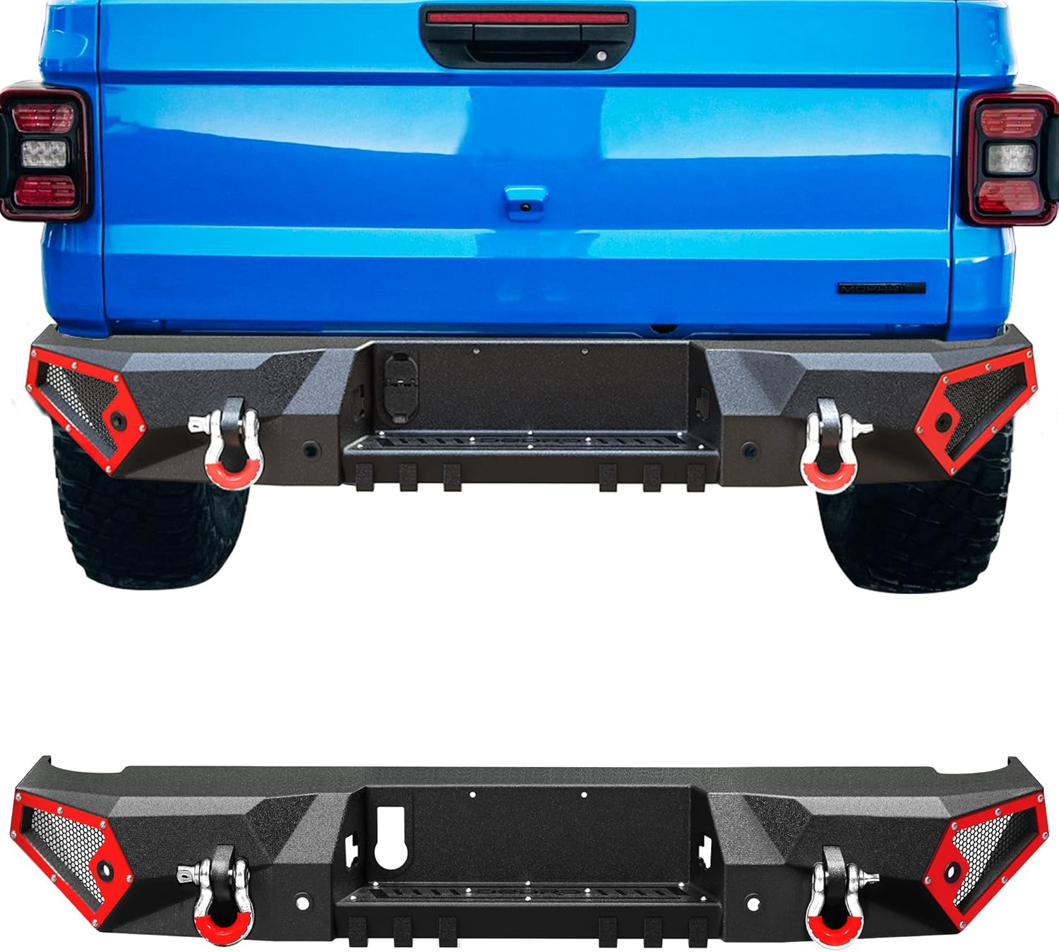 OEDRO Steel Rear Step Bumper Fits 2020-2025 Jeep Gladiator JT, Off Road Truck Back Bumper w/D-Rings & Paintable Armor, Texture Black