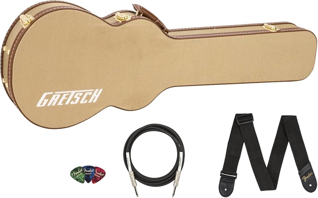 Gretsch Tweed Hardshell Case for Baritone Bass Guitar Bundle with Cable, Strap, and Picks