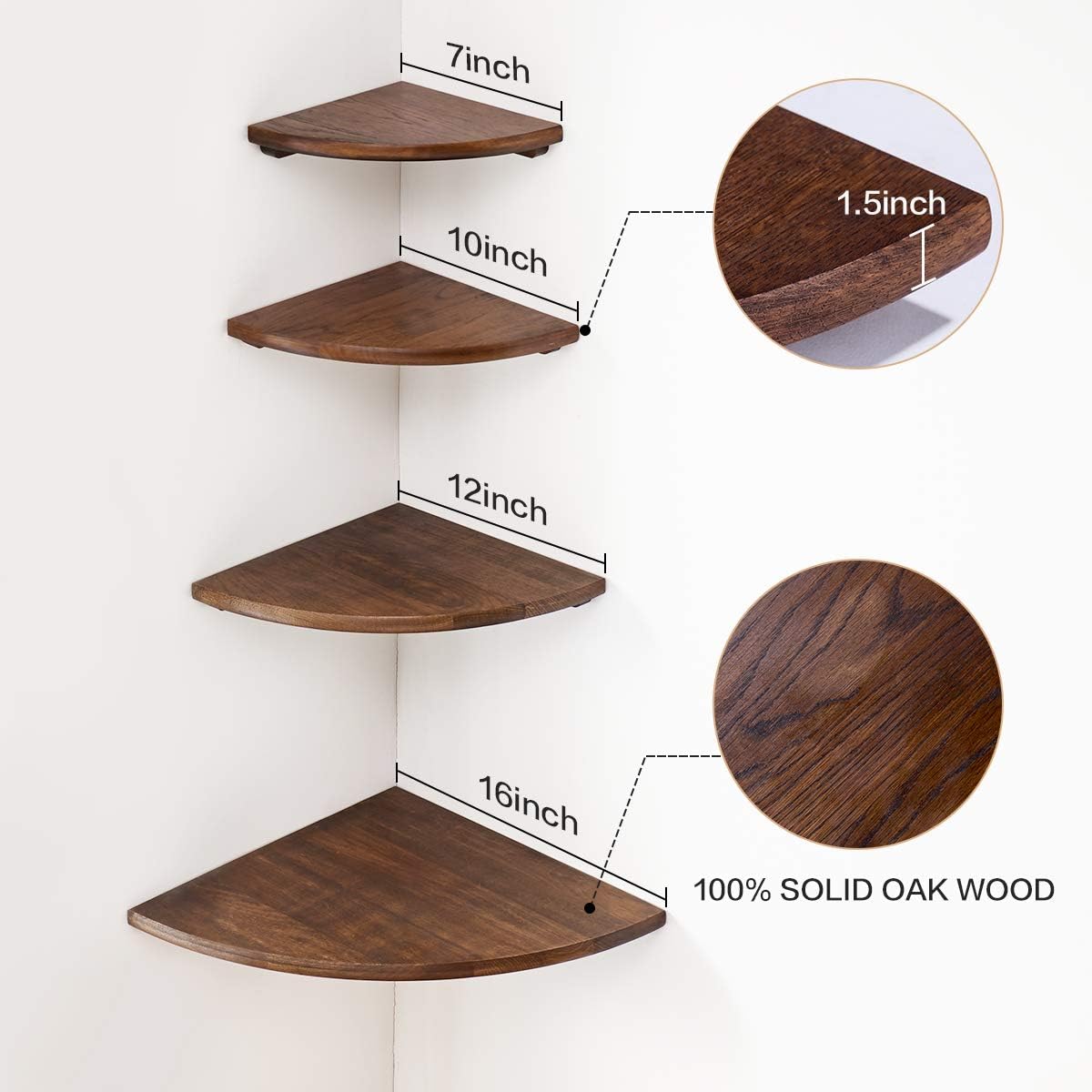 Corner Shelf, 16inch Oak Solid Wood Floating Shelf Display Shelf Round Edging Wall Mount Speaker Shelf Shelving Solution Bedroom Ktichen Bathroom