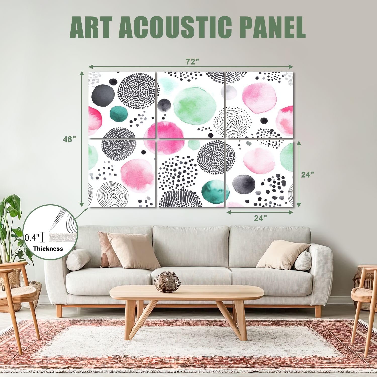 6 Pack Art Acoustic Panels Sound Absorbing Boho Circles Geometric Pink Art Abstract Watercolor Black White Dots Decorative Soundproof Wall Panels Self Adhesive for Recording Studios Office 72