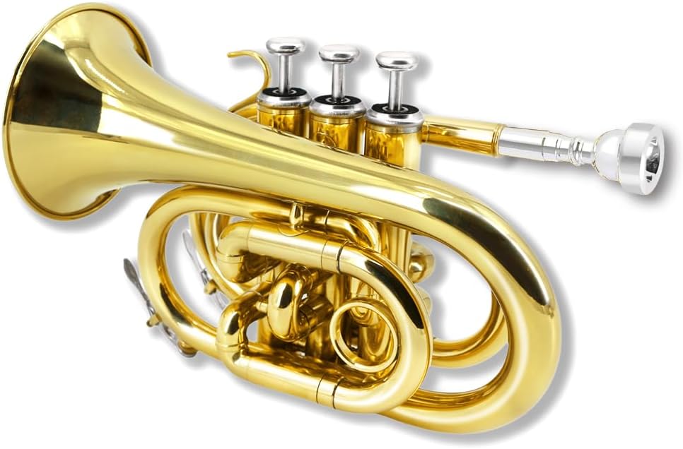 Pocket Trumpet Bb Flat Brass Trumpet for Beginner Student with 7C Mouthpiece Carrying Hard Case Cleaning Cloth Gloves