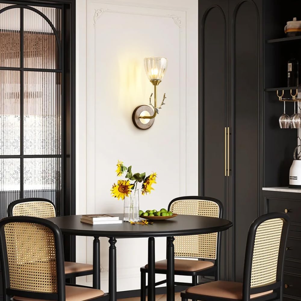 Vintage Wood Indoor Wall Sconce, Modern Gold Wall Light Fixture with Clear Glass Shade, Antler Decor Wall Mount Light for Living Room Bedside Bedroom Hallway Home Decor