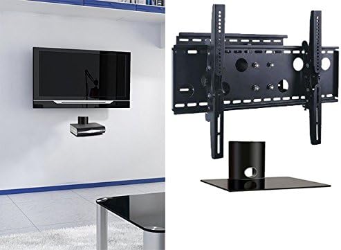 2xhome – New TV Wall Mount Bracket (Single Arm) & Single Shelf Package Secure LED LCD Flat Panel Screen Display Large Displays Single Arm Extending Adjusting Single Tier Under TV Tempered Glass Shelf