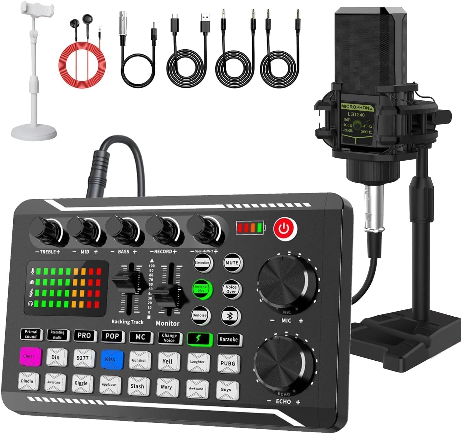 F998 Podcast Equipment Bundle, Audio Interface & BM888 Recording Studio Microphone, Professional Live Sound Card w/Dj Mixer Effects & Voice Changer for Live Streaming Gaming YouTube TikTok