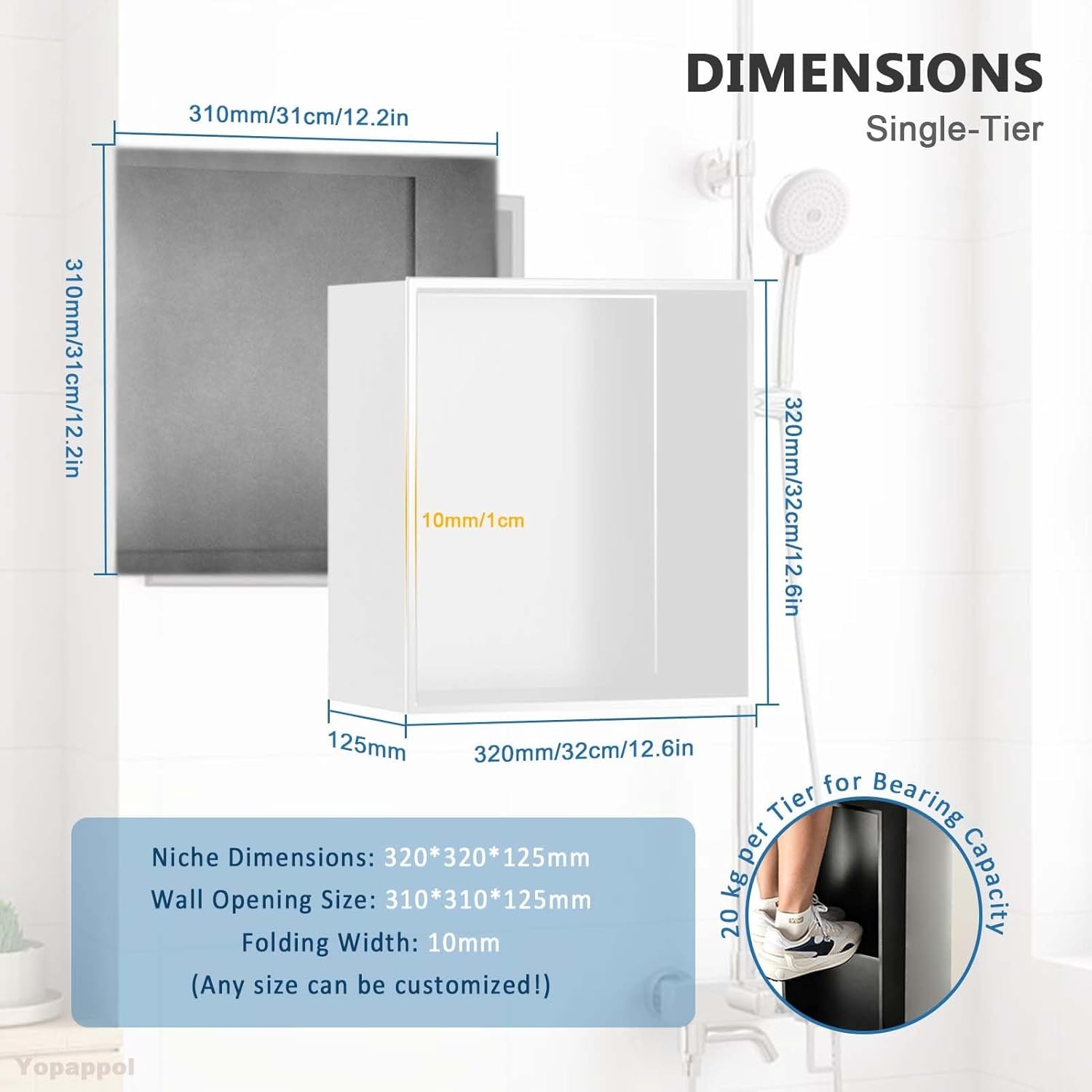 Shower Recessed Shelf 304 Stainless Steel, Waterproof Bathroom Niche Tile Ready Organizer Shelf, Wall Mount Bathroom Shower Storage(32cmx32cmx12.5cm)