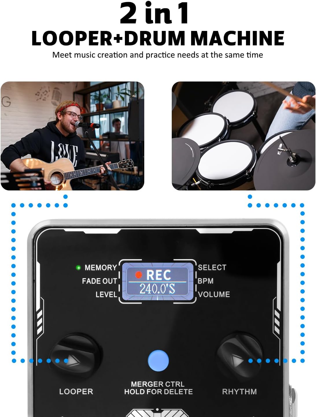 STRICH Stereo Looper Pedal Guitar Pedal with Built-in Drum Machine, 100 Diverse Drum Patterns, 160 Minutes Recording Time, USB for Audio Upload or Download, Support Footswitch Control