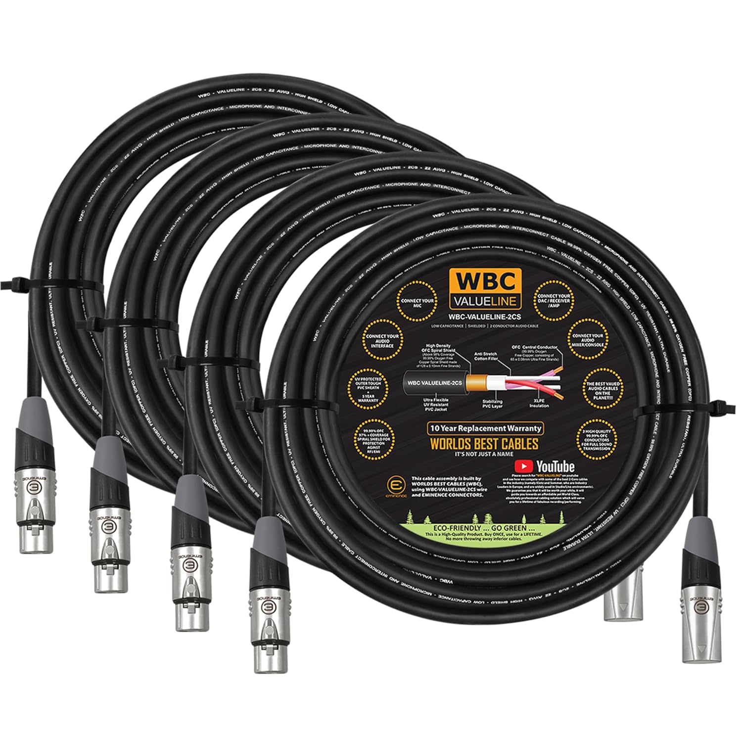 WBC-VALUELINE-2CS (22 AWG) - 4 Units - 125 Foot–Low-Capacitance Shielded Balanced Flexible Microphone, Active-Speaker & Interconnect Cables with Eminence Gold XLR Connectors