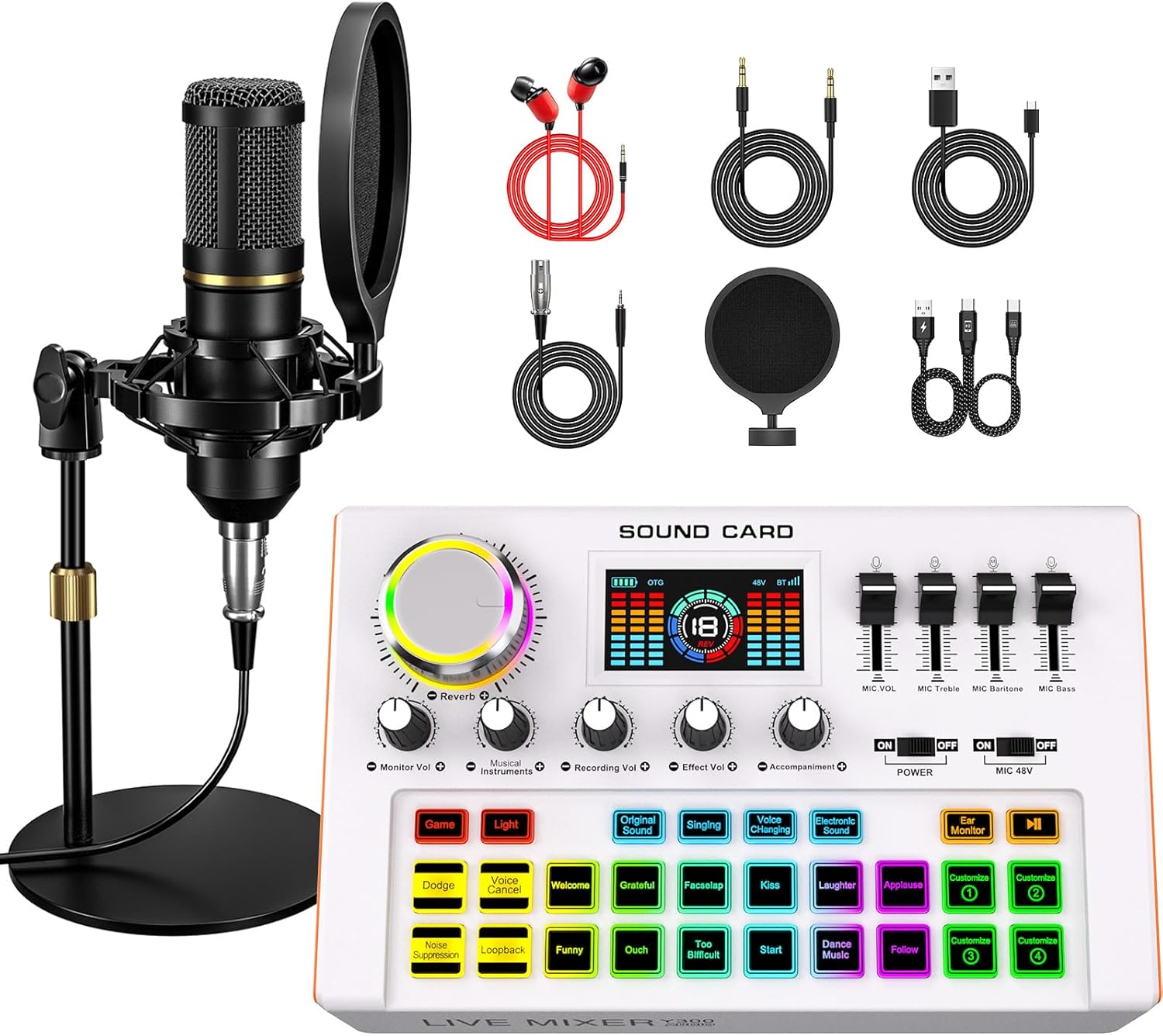 Y300 Audio mixer Podcast Equipment Bundle, Audio Interface with Cardioid Designer P15 Mic for Gamer and All-in-One DJ Mixer, Perfect for Live Streaming, Singing, YouTube, Gaming