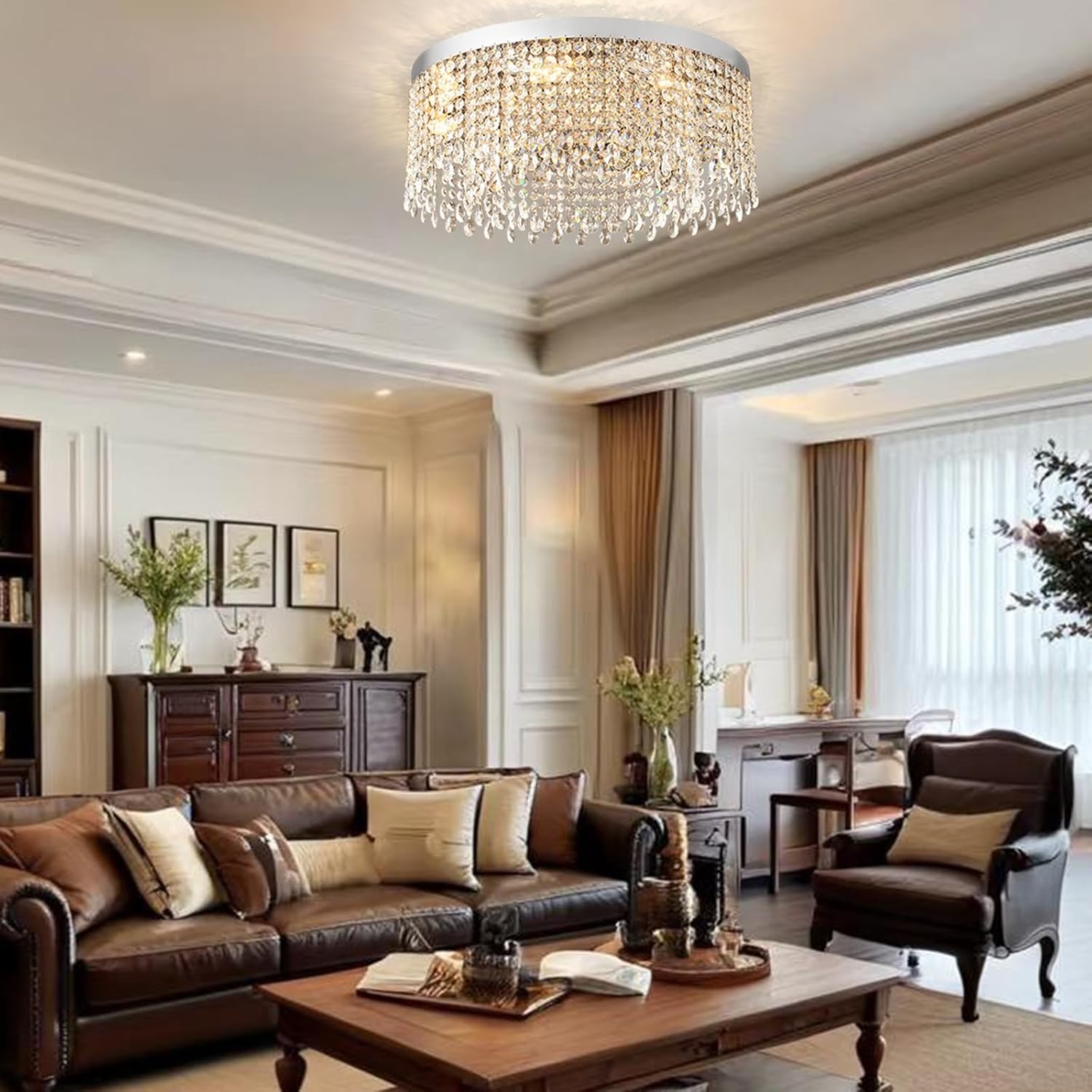 Modern Crystal Ceiling Light Chandelier 31.5in Raindrop Crystal Chandelier Large Flush Mount Light Fixtures for Living Room Dining Room Bedroom Chrome