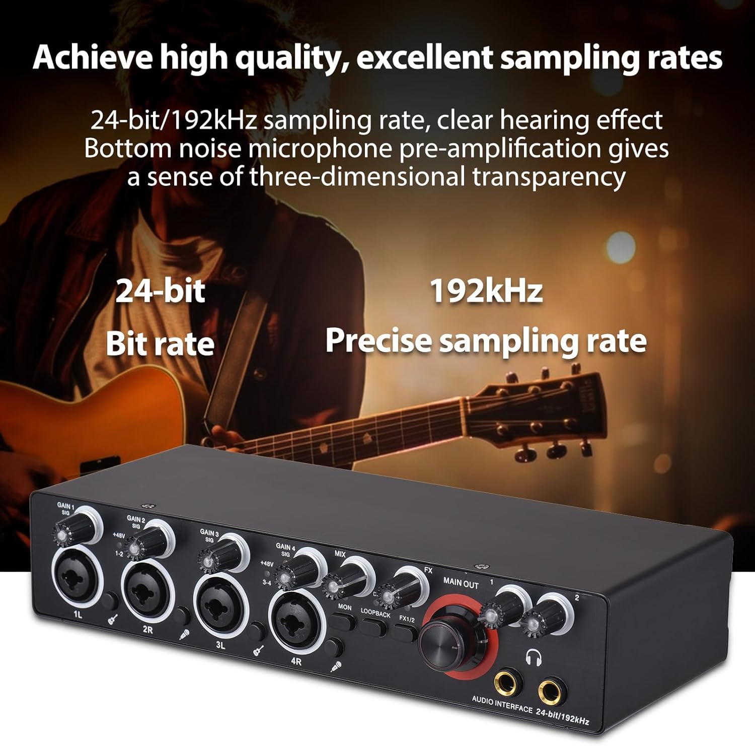 HXBER 4 Channels Recording Sound Card with Driver Free Audio Interface, 4-in 4-out USB Sound Card 24 bit/192khz 48V Phantom Power Supply for Professional Recording of Live Streaming Karaoke, Black