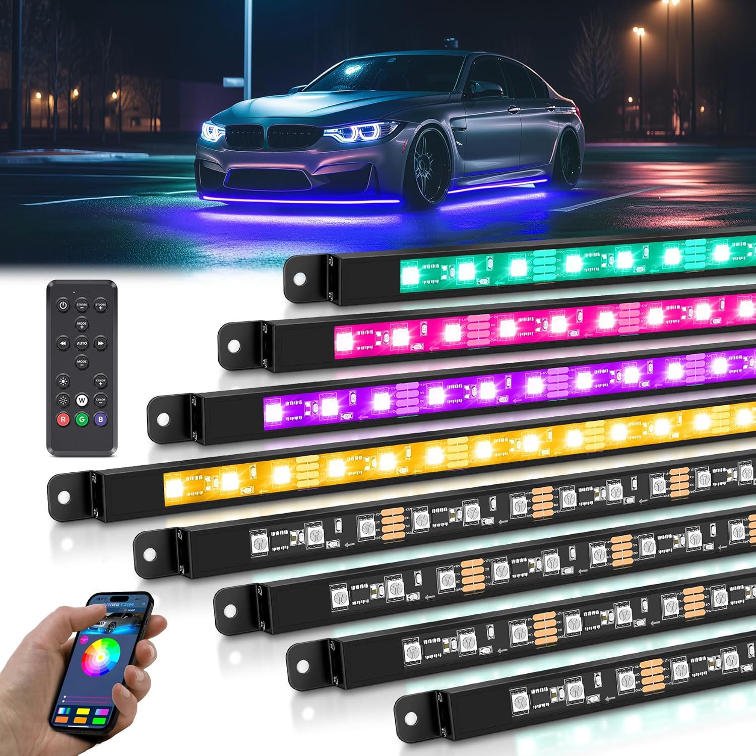 MICTUNING 8Pcs N8+ RGBW Underglow LED Lights for Cars, APP & Remote Dual Control, IP68 Waterproof Aluminum Multicolor Modes Music Soundsync Exterior Neon Accent Car Underglow Kit, 2 Years Warranty