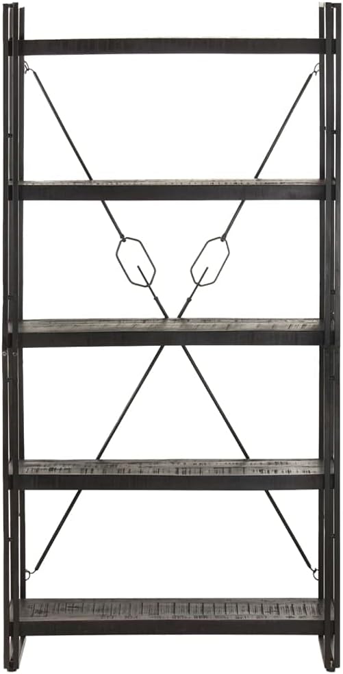 Black Industrial Bookcase, Solid Rough Mango Wood, Powder-Coated Steel Frame, 5-Tier Display Shelf, 11.8x35.4x71 Inch, Living Room Storage Home Office Furniture