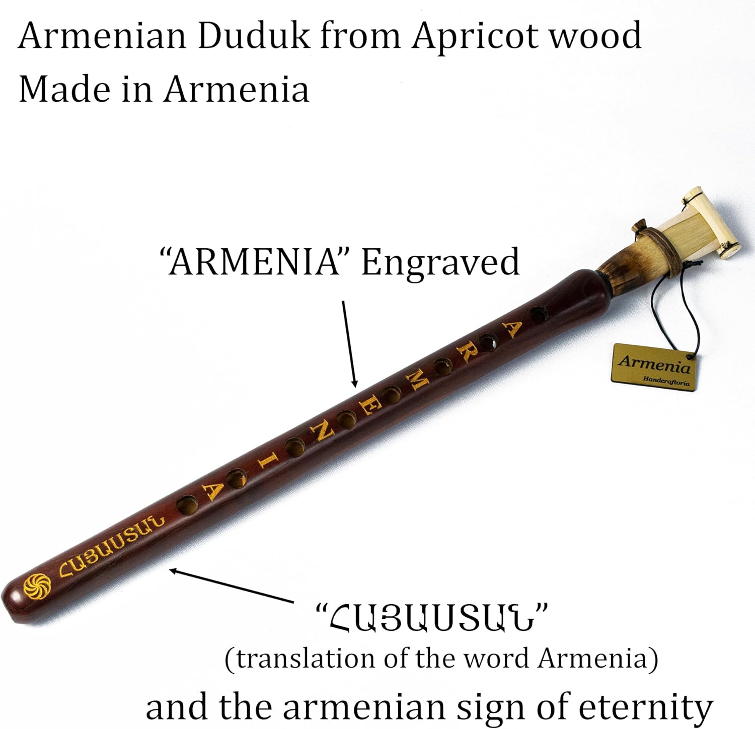 ARMENIAN DUDUK handmade from ARMENIA engraved eternity sign and Hayastan on it - Oboe Balaban Woodwind Instrument Apricot Wood - Playing Instruction - Gift National case