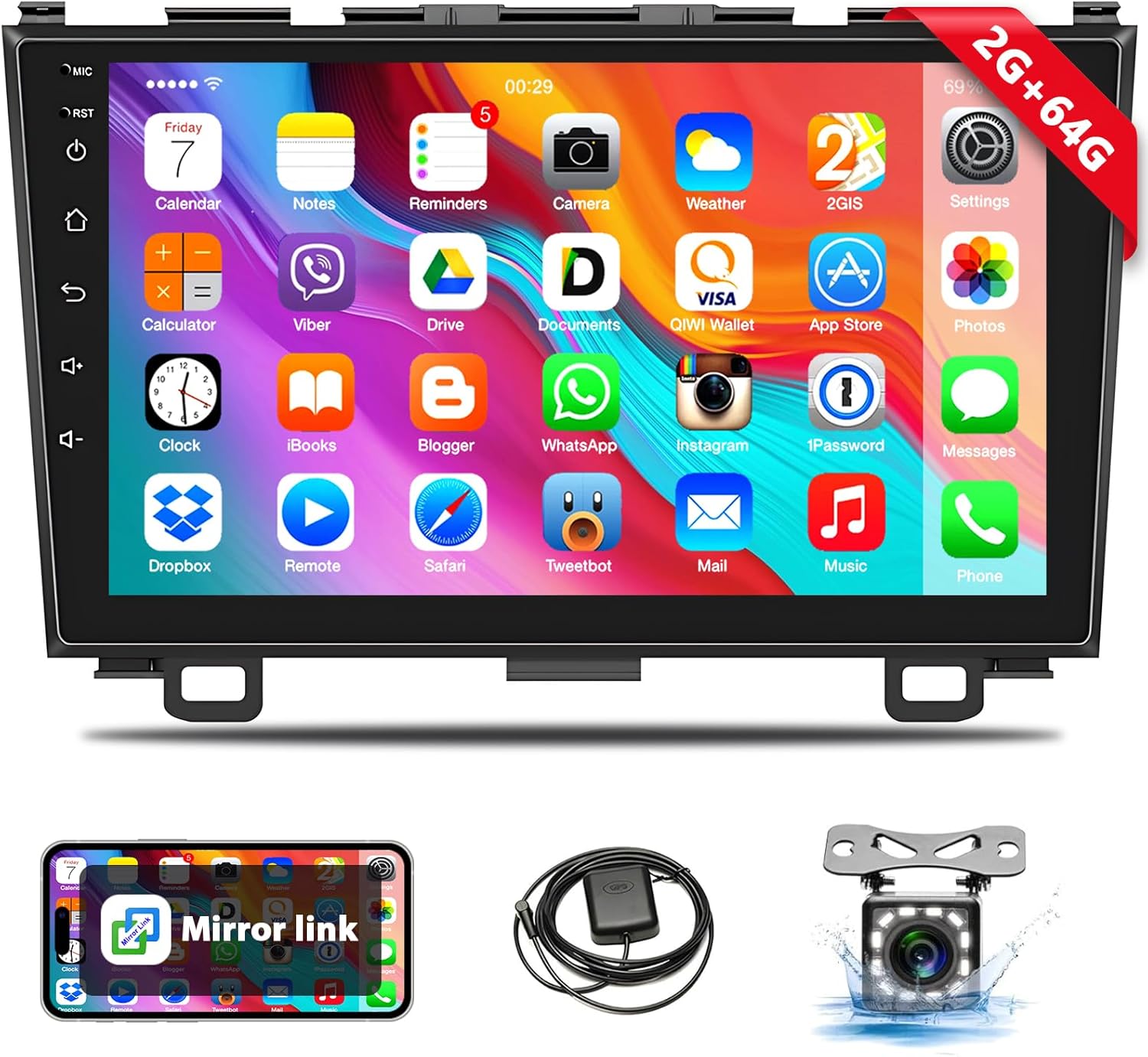 Podofo 2+64G Car Stereo for Honda CRV 2007-2011 with Bluetooth,9 Inch Touch Screen Android 13 Car Radio Head Unit with GPS Navigation/WiFi/RDS FM/USB/SWC/Mirror Link for Android&iOS+AHD Backup Camera