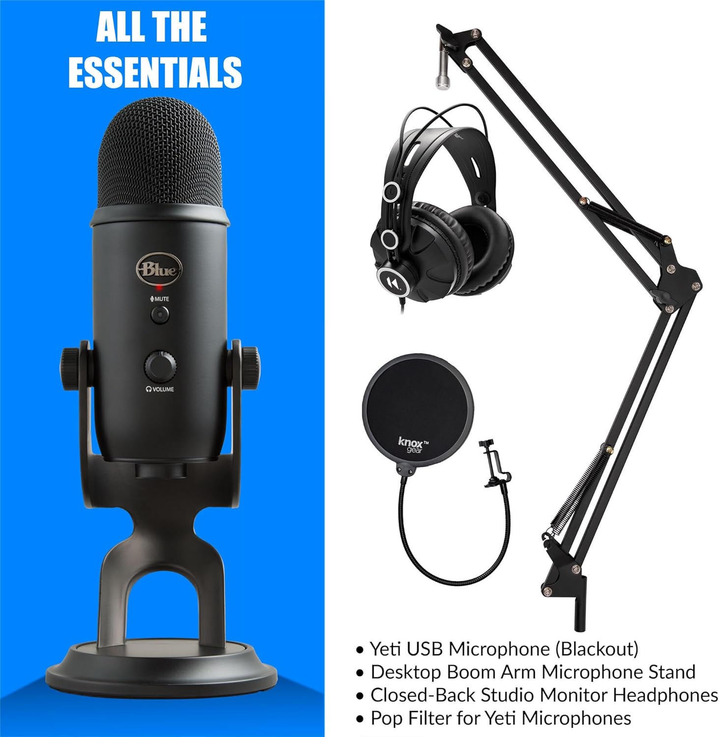 Blue Microphones Yeti Blackout USB Microphone Bundle with Desktop Boom Arm Microphone Stand, Closed-Back Studio Monitor Headphones and Pop Filter (4 Items)