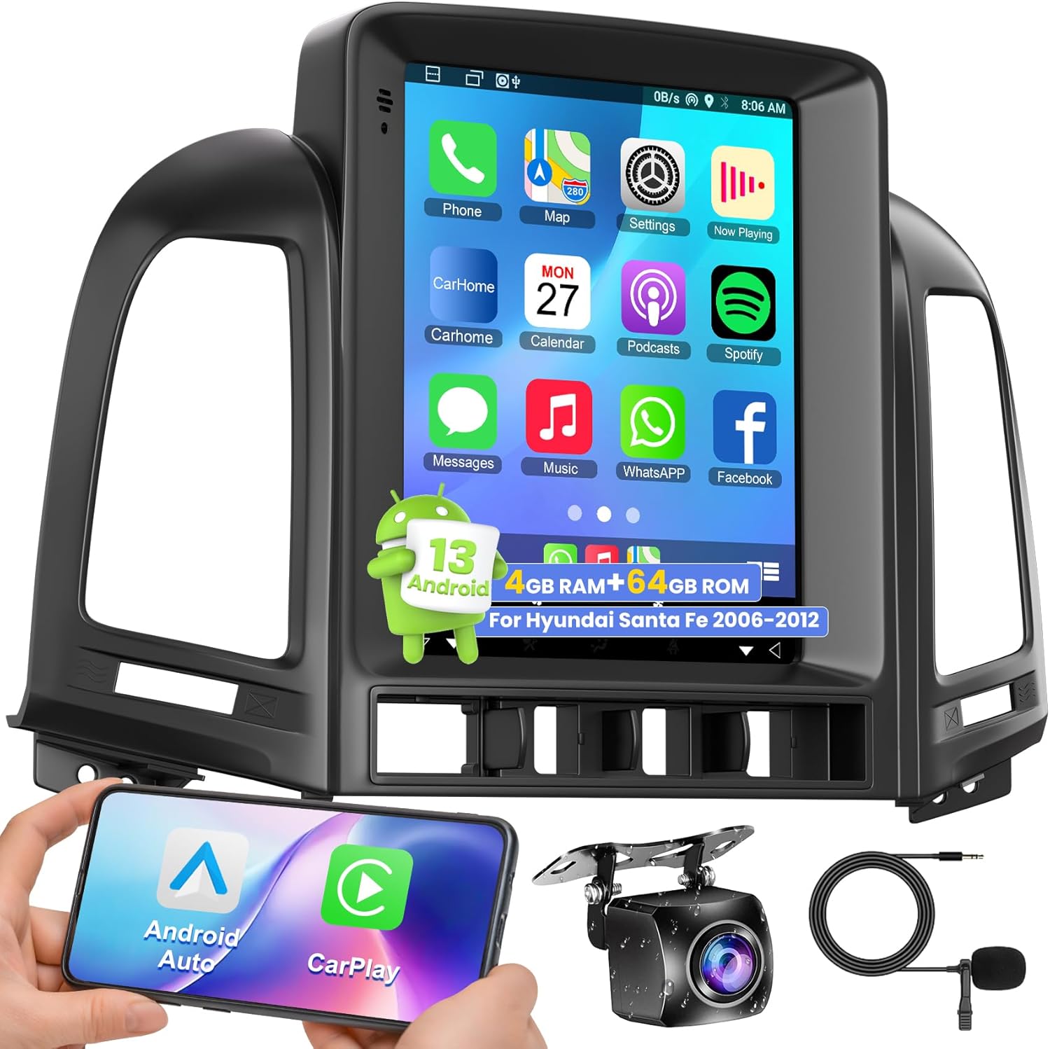 Android 13 Car Radio for Santa Fe 2006-2012, 4+64G 9 Inch IPS Touch Screen Car Stereo with Wireless Carplay/Android Auto, DSP, Bluetooth5.2, Backup Camera, OBD2/DVR/TPMS