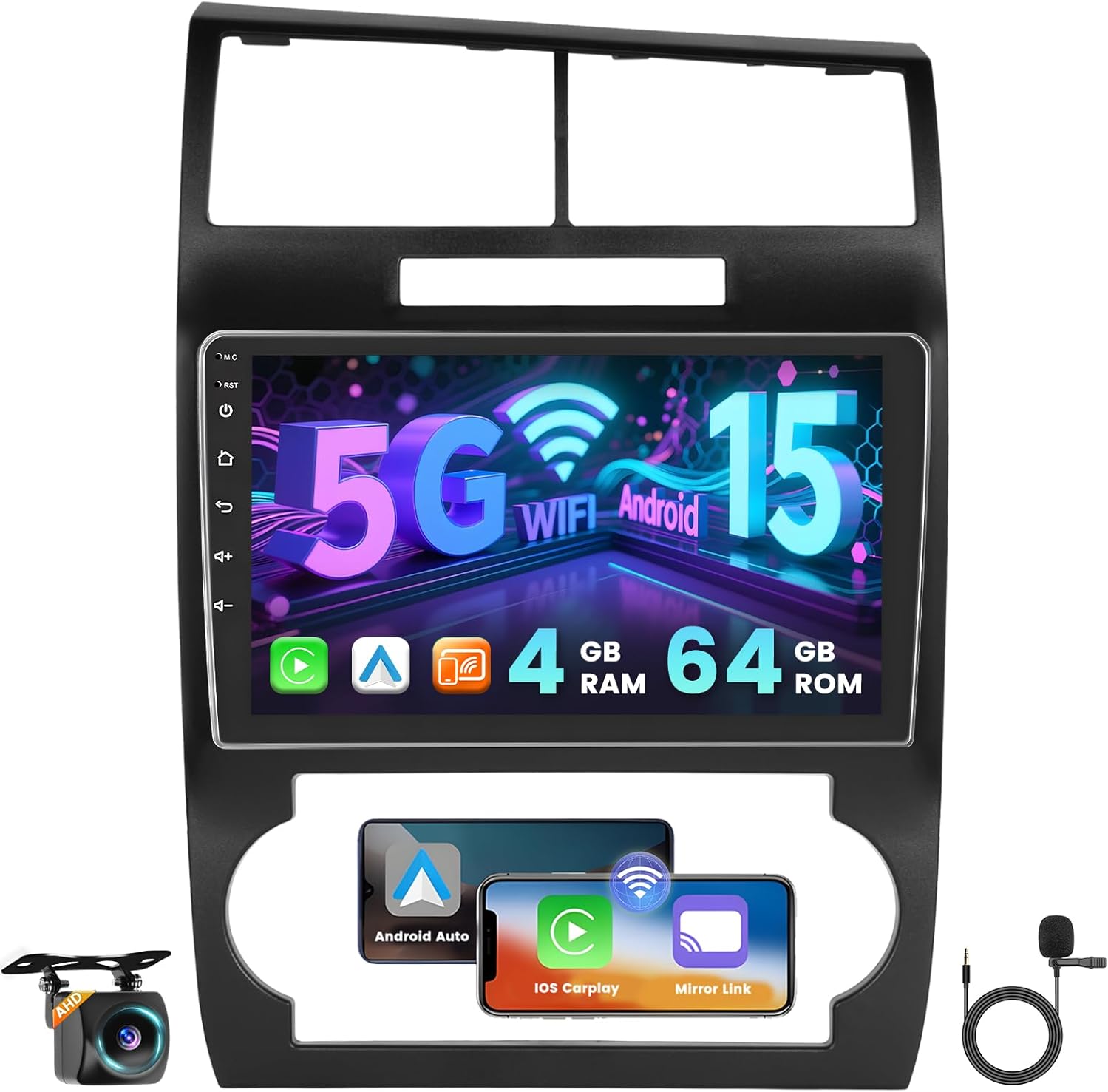 [4+64G] Hikity Android 15 Car Stereo for Dodge Charger/Magnum 2005 2006 2007 with Wireless Carplay Android Auto, 9'' ITouchscreen Radio Bluetooth Mirror Link GPS WiFi SWC AI DSP/FM/RDS/32EQ Backup Cam