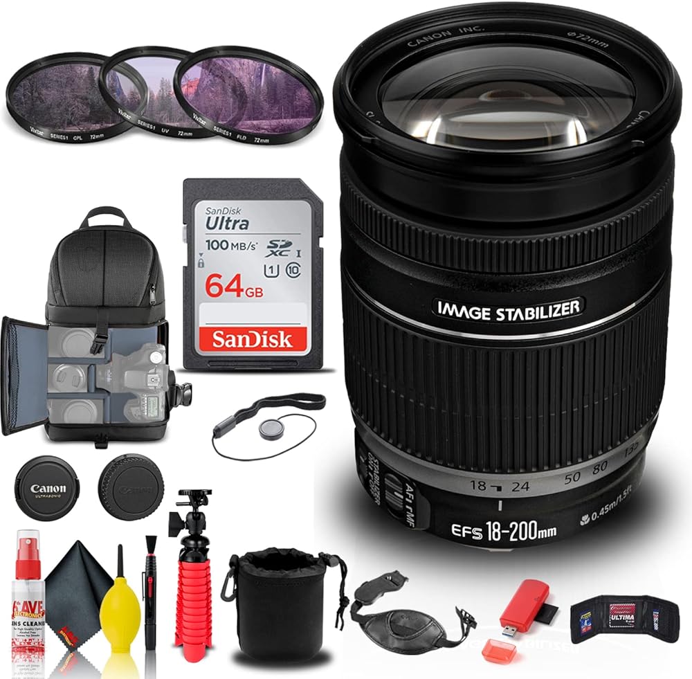 Canon EF-S 18-200mm f/3.5-5.6 is Lens (2752B002) + Filter Kit + Backpack + 64GB Card + Lens Pouch + Card Reader + Flex Tripod + Memory Wallet + Cap Keeper + Cleaning Kit + Hand Strap + More (Renewed)