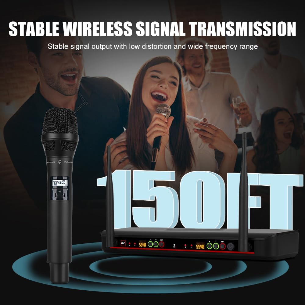 Wireless Microphone System with Bimetal Microphone, UHF Handheld Wireless Moving Coil Microphone, for Sing, Karaoke, Church, DJ, Party, Wedding,(GLXD92)