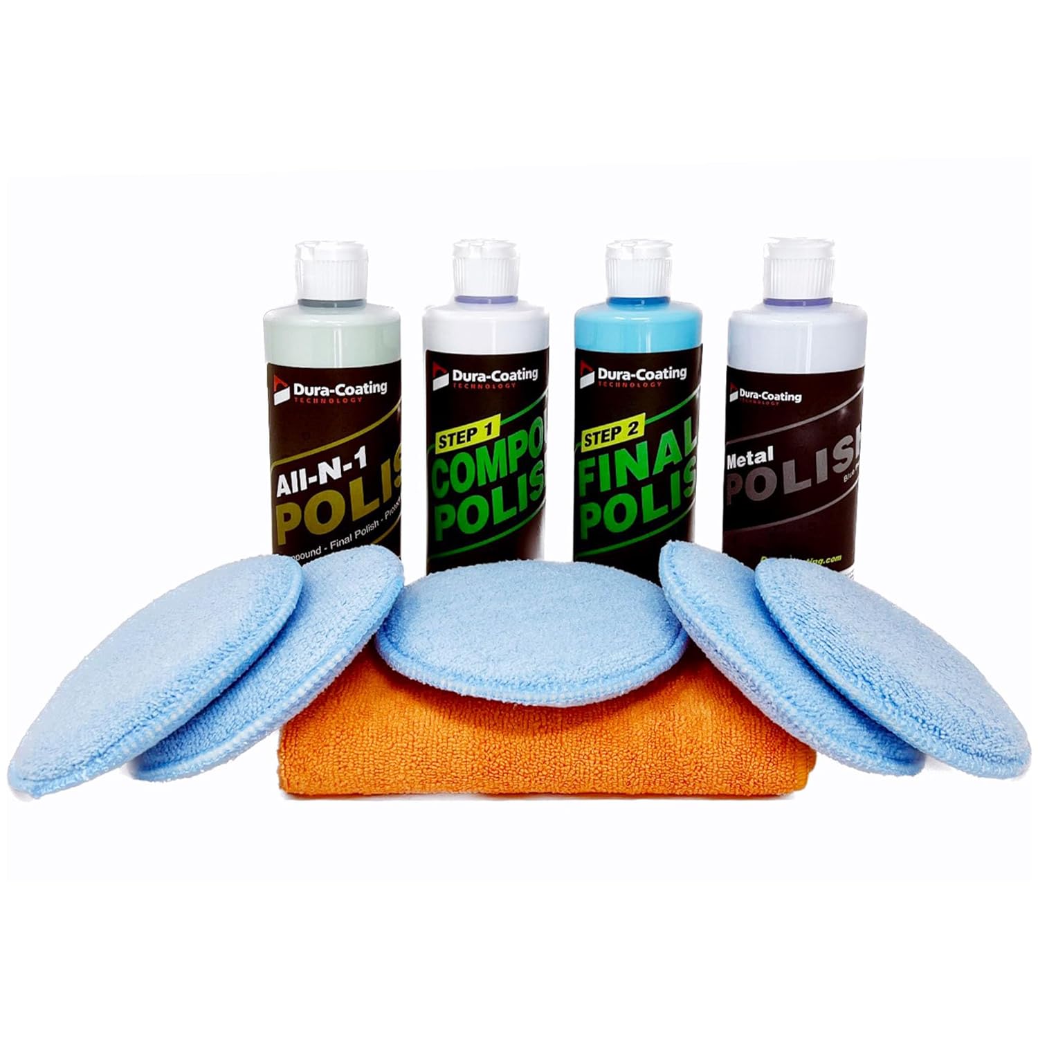 Dura-Coating Total Polish Package - Complete Car Care Polishing Set- 16 oz Blue Premium Metal Polish, Step 1 Compound, Step 2 Final Polish, All-N-1 Polish, 5 Pads, Large Microfiber Towel- Made in USA