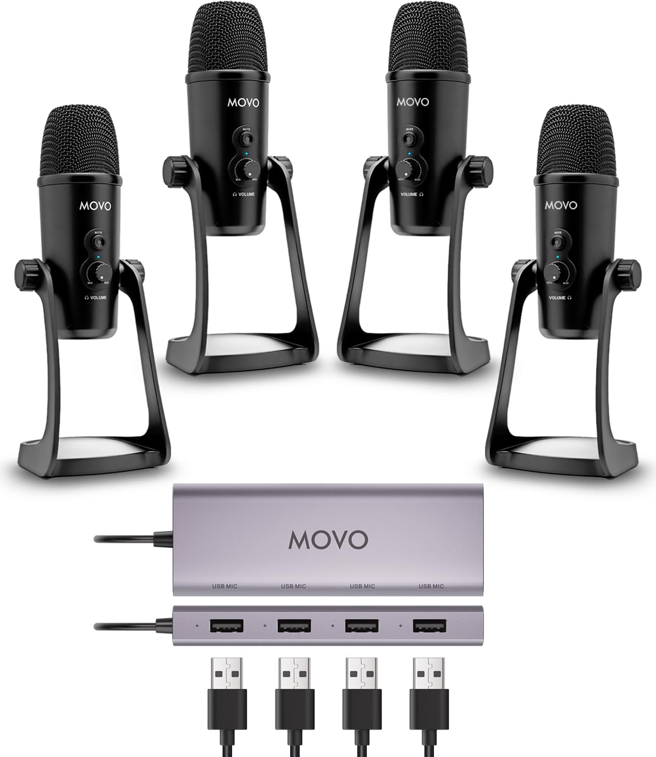 Movo USB Podcast Equipment Bundle for 4 – USB Interface with 4 UM700 Condenser Microphones – 4-Port Powered Hub for Streaming, Podcasting, Interviews