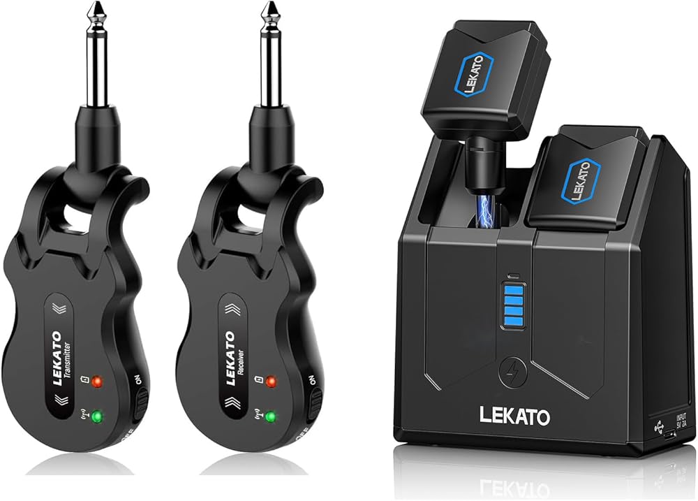 LEKATO WS50 Wireless Guitar System 5.8GHz Wireless Guitar Transmitter Receiver with Charging Box Audio Wireless Transmitter Receiver 4 Channels for Electric Guitar Bass