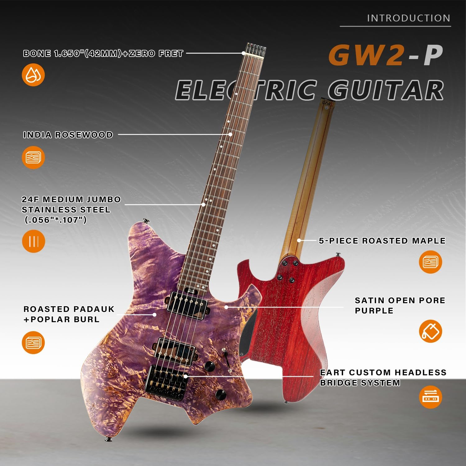 EART Headless Electric Guitar GW2 fixed Bridge for 6 String Travel Guitar, Stainless Steel Frets, Poplar Burl Venner Top, Purple