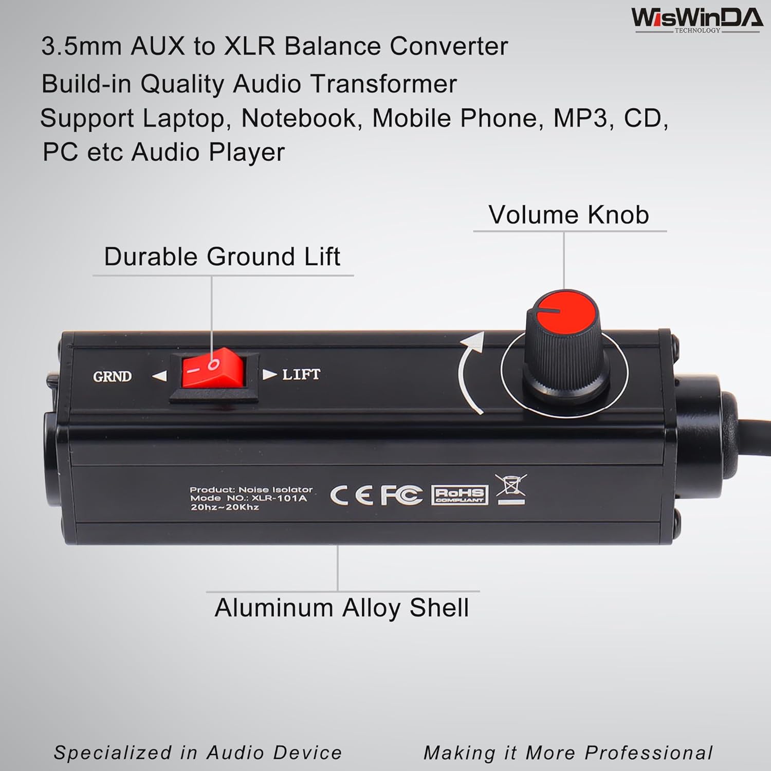 Pro101A AUX to XLR Isolation Box with Volume Controller and Ground Lift Switch Build-in Cord Length 3.3ft with Detachable 3.5mm Aux Gold Coating Plug (Pro 101A Aux-XLR)
