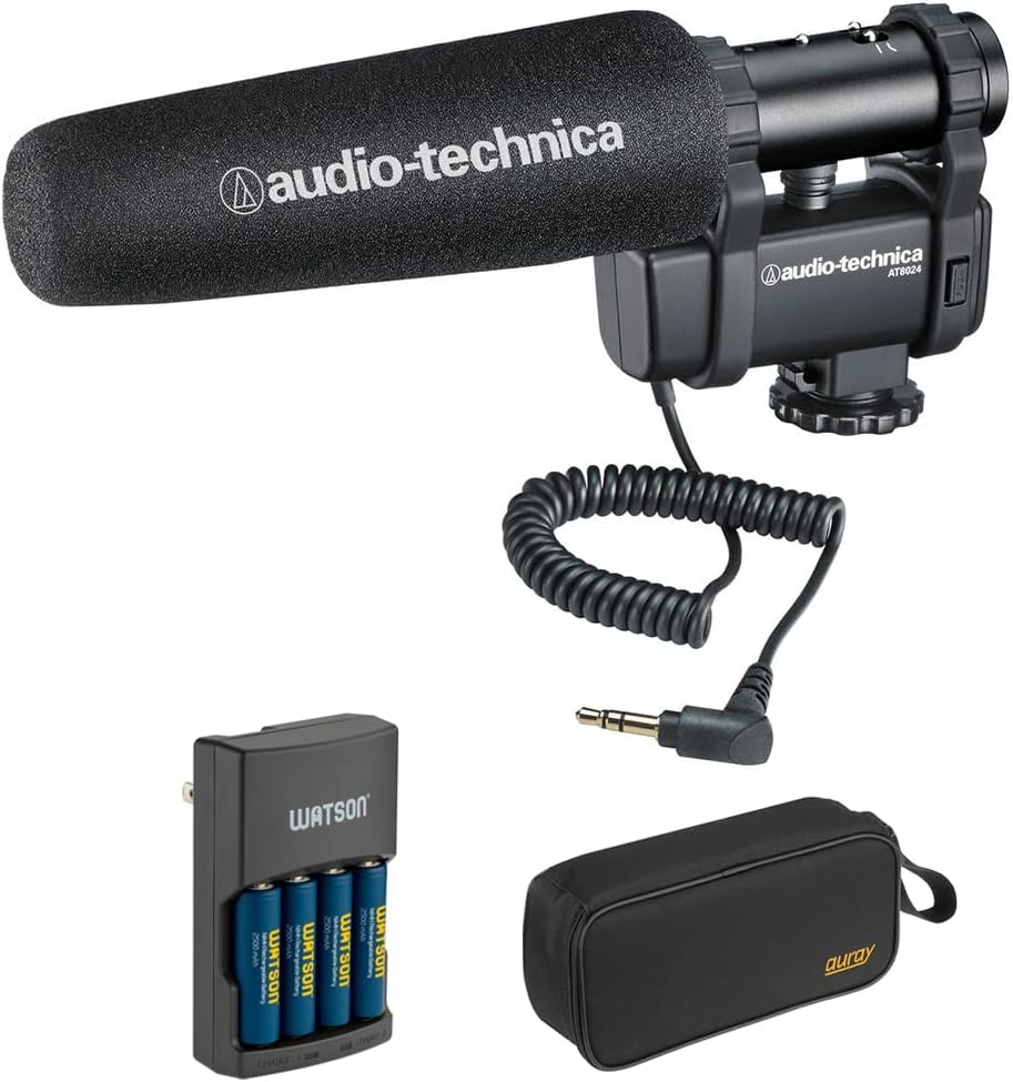 Audio-Technica AT8024 Stereo/Mono Camera-Mount Microphone Bundle with Watson Rapid Charger and Auray Wide Mouth Case
