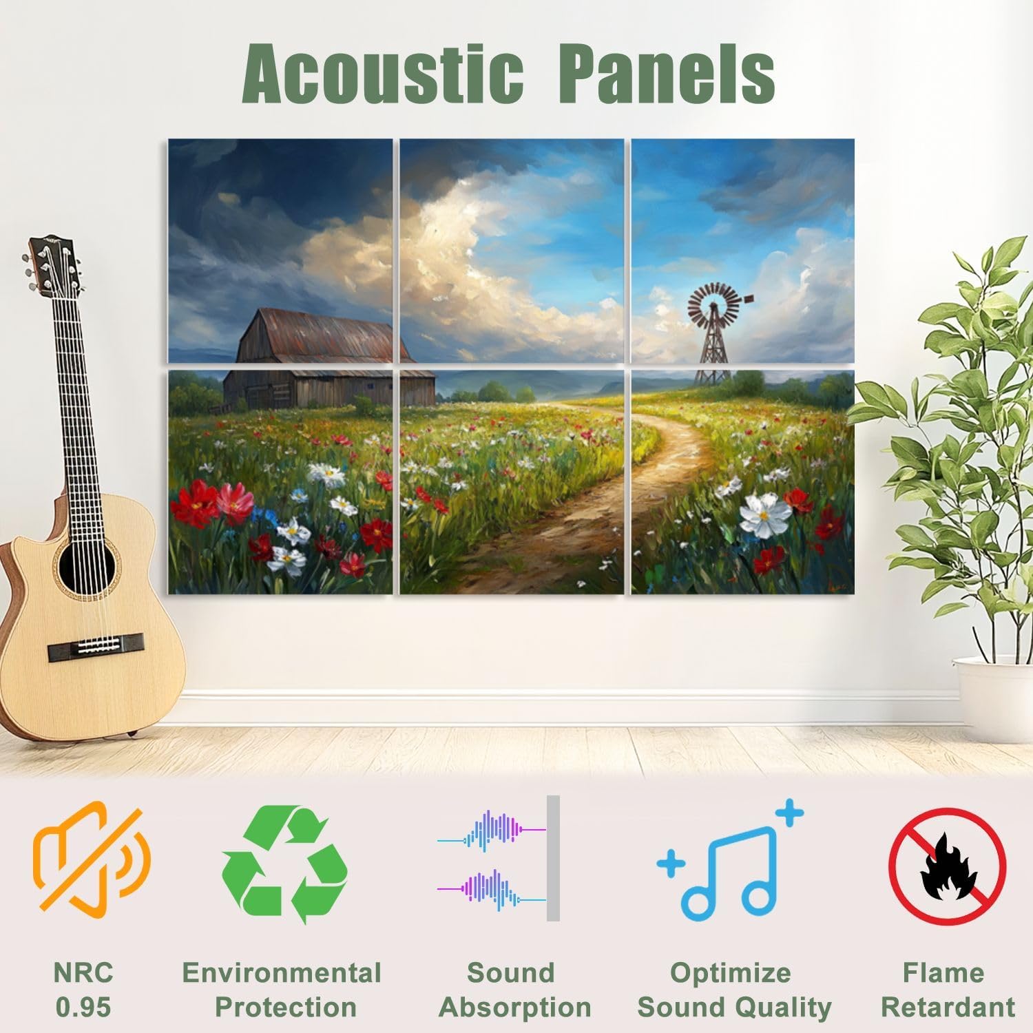 6 Pack Art Acoustic Panels Sound Absorbing Rustic Farmhouse Wooden Country Meadow Landscape Blue Sky Wild Flowers Decorative Soundproof Wall Panels Self Adhesive for Recording Studios Office 72