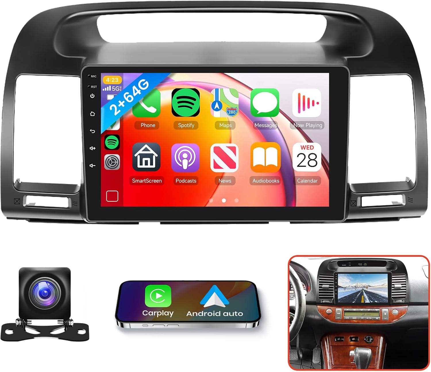 2G+64G Car Radio Stereo for Toyota Camry 2000-2006 with Wireless CarPlay/Android Auto, 9 inch Android 13 Touch Screen/GPS Navigation/WiFi/Bluetooth/Mirror Link/SWC/HD Backup Camera