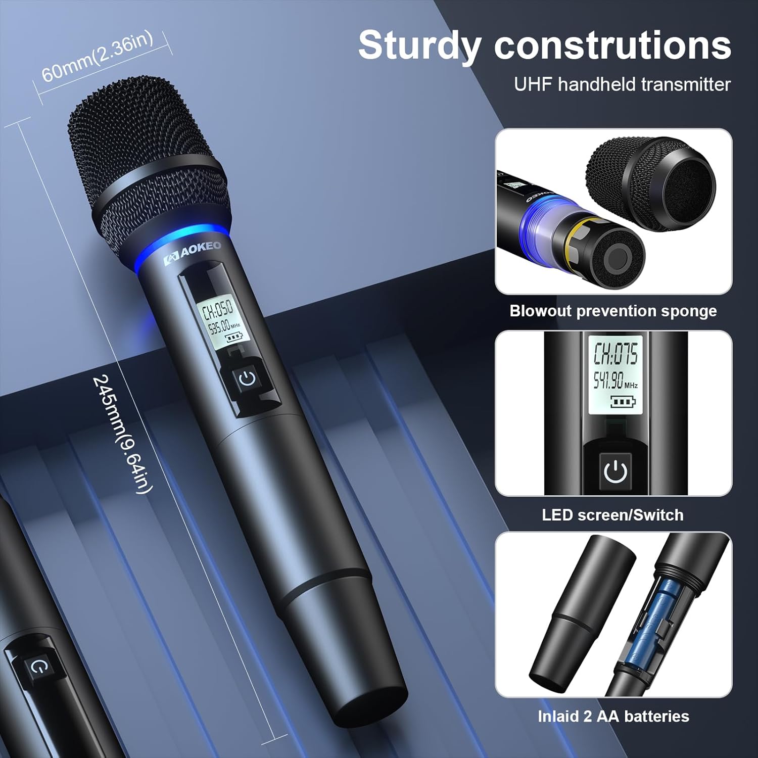 Aokeo Wireless Microphones System, 4 Channel UHF Wireless Mics,with 4 Handheld Dynamic Microphones,Metal Receiver for Karaoke,Singing,Wedding,Party,Speech
