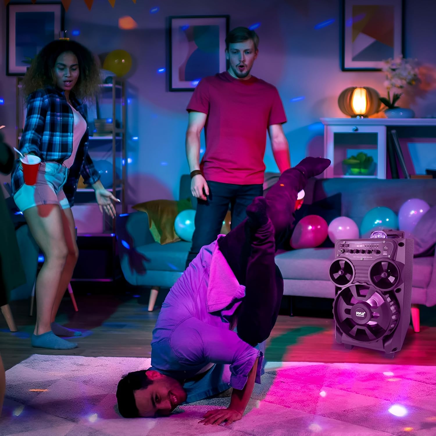 Pyle Portable Bluetooth PA Speaker - 580W 8” Rechargeable Outdoor BT Karaoke Audio System - TWS, Disco Party Lights, LED Display, FM/AUX/MP3/USB/SD, 6.5mm in, Trolley, Wheels - Wireless Mic, Remote