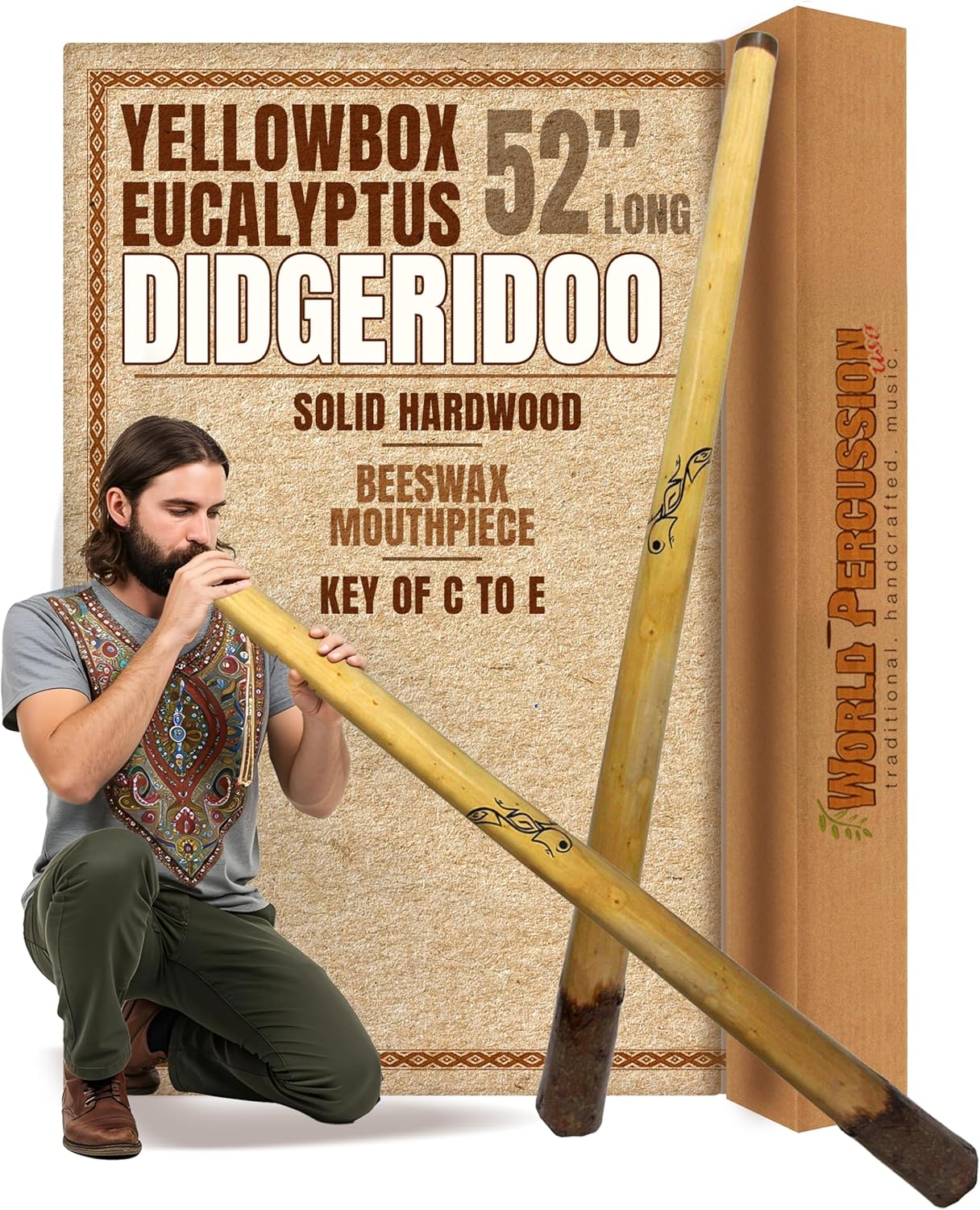 Eucalyptus Yellowbox Didgeridoo with Bark Bell, Beeswax Mouthpiece - 52
