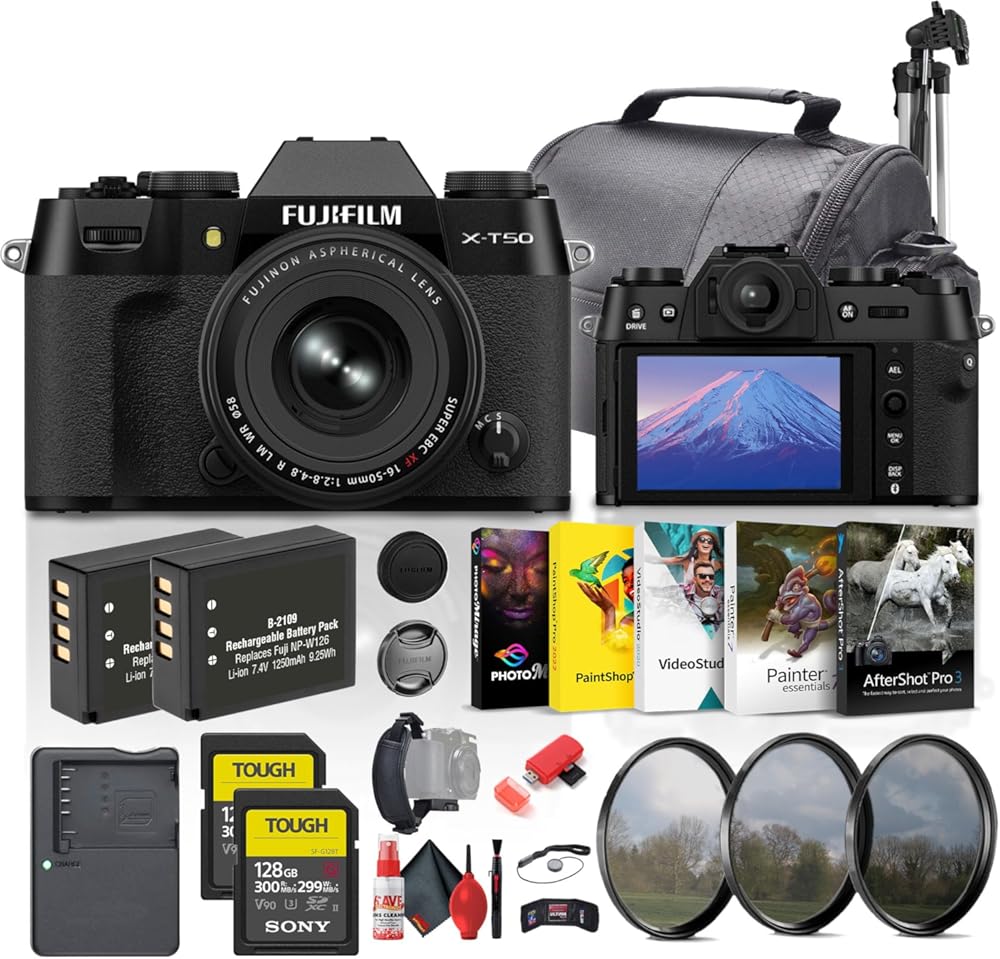 Fujifilm X-T50 with XF 16-50mm Lens in Black (16828507) Bundle Including: 2X 128 GB Memory Card, 2X Rechargeable Battery, Battery Charger, Filter Kit, Art Studio Software, Hand Strap, Cleaning Kit