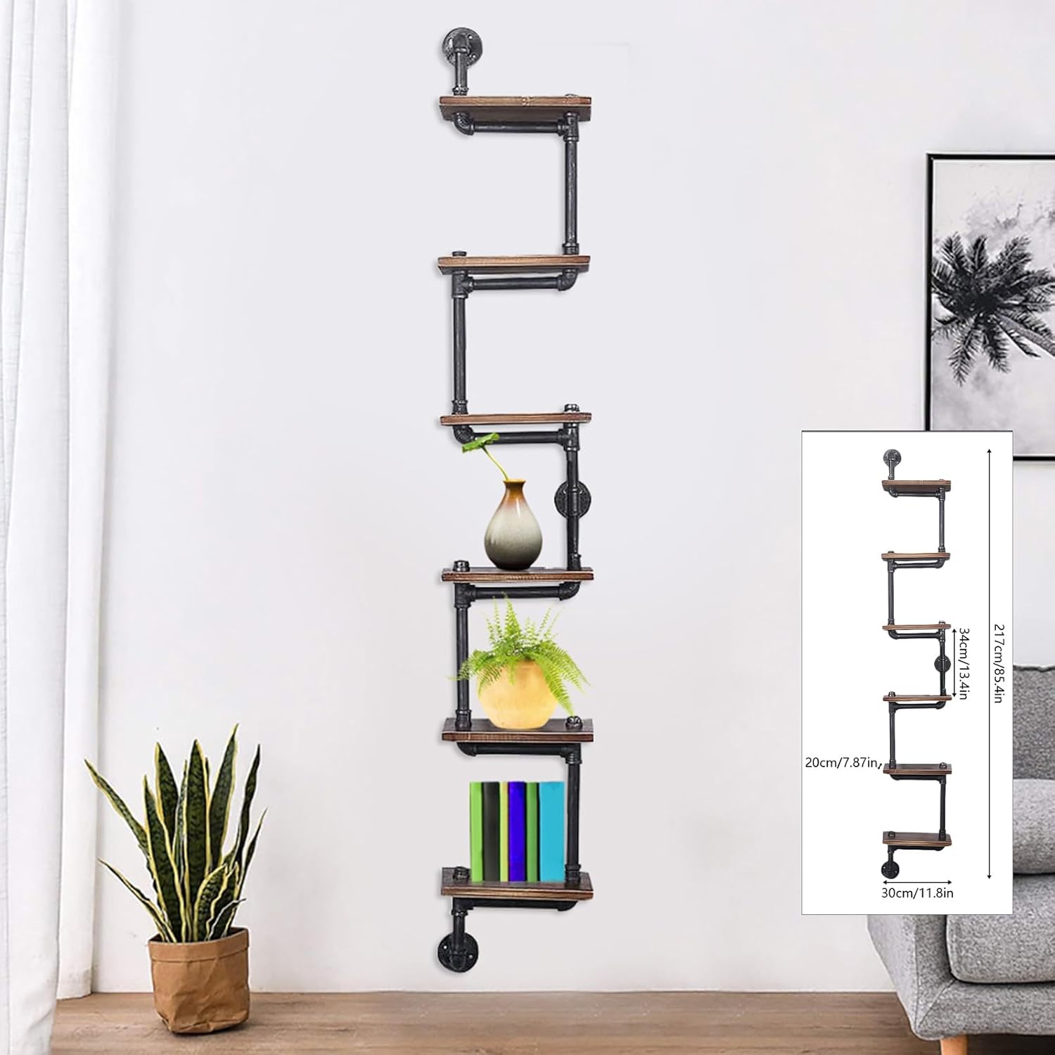 6-Tier Floating Shelves for Wall,Industrial Floating Shelves,Wall Mount Iron Pipe Shelves for Living Room, Bedroom,Bathroom,Office