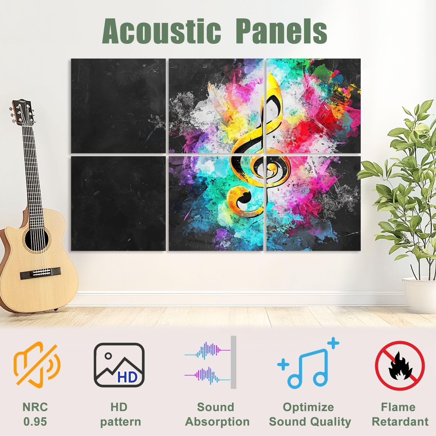6 Pack Art Acoustic Panels Sound Absorbing Music Modern Musical Note Beautiful Notes Treble Clef Splashes Of Decorative Soundproof Wall Panels Self Adhesive for Recording Studios Office 72