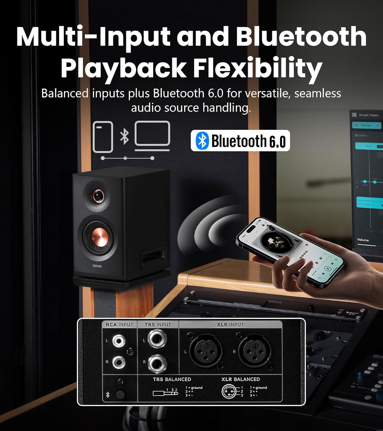 Edifier MR5 2.0 Studio Monitor Bookshelf Speakers, 110W(RMS), Hi-Res Audio, Bluetooth 6.0, 3-Way Active Design, Room Compensation, XLR/TRS/RCA Inputs, Compact Size for Home Studio & Music - Black