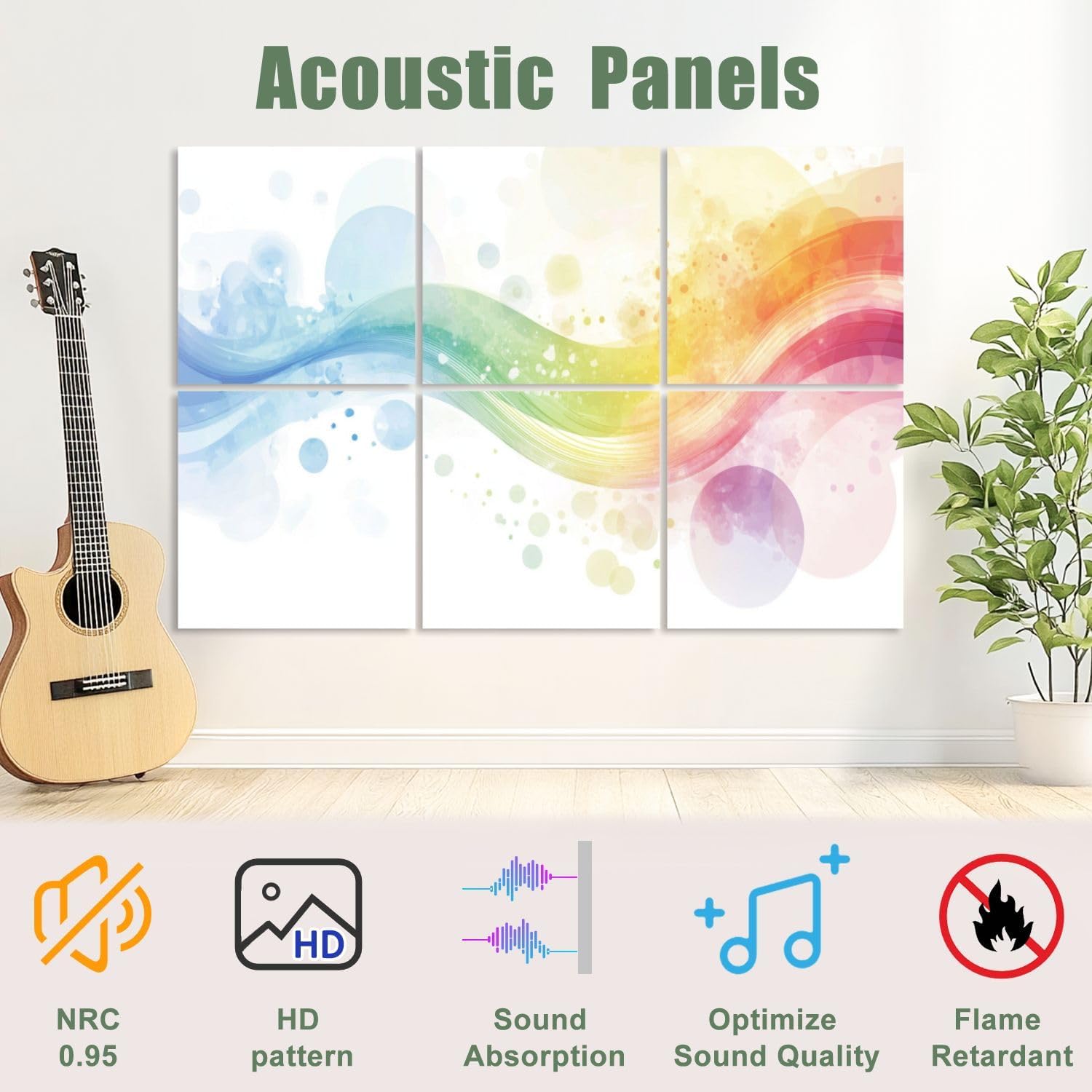 6 Pack Art Acoustic Panels Sound Absorbing Colorful Abstract Rainbow Colors Vintage Watercolor Graffiti Waves Decorative Soundproof Wall Panels Self Adhesive for Recording Studios Office 72