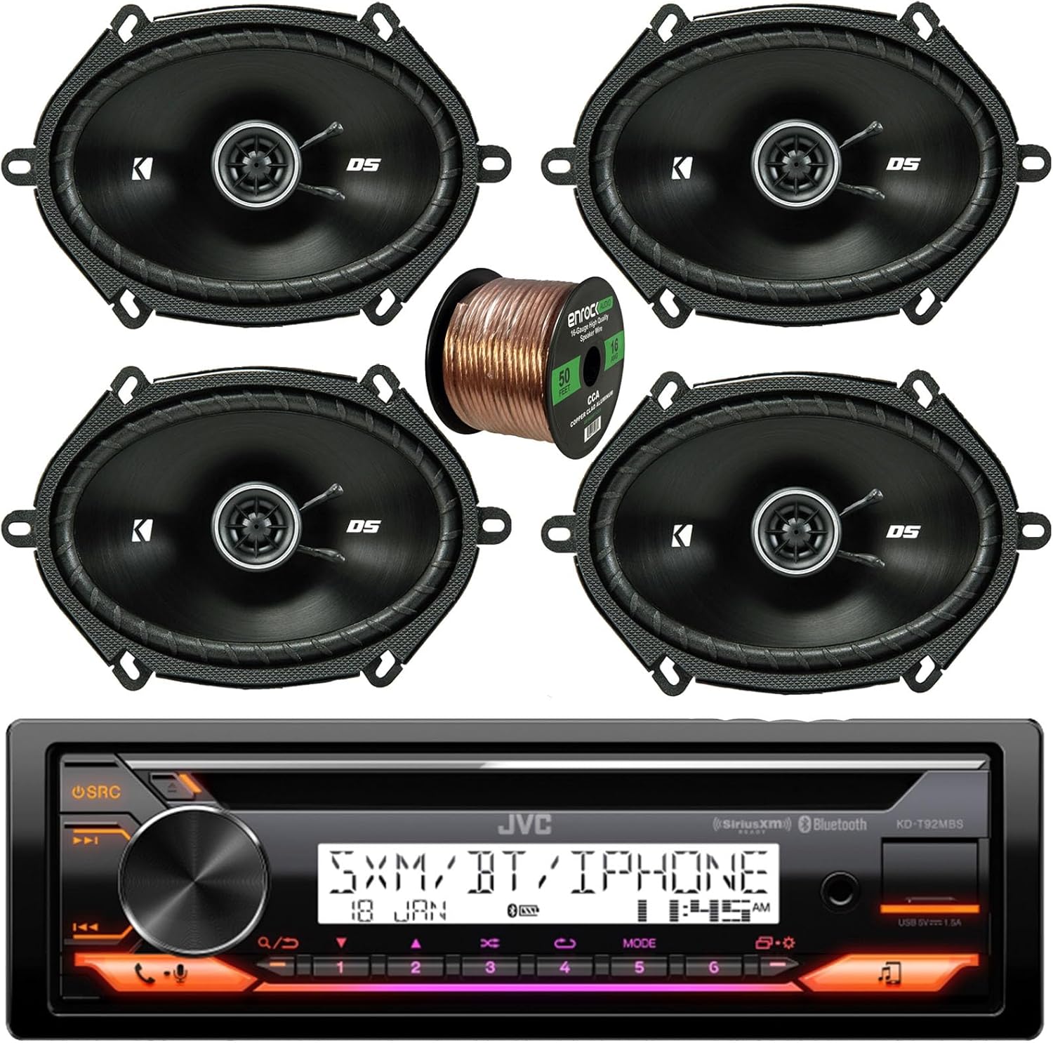 JVC Single DIN Marine Motorsports Bluetooth USB AUX AM/FM Stereo CD Player Receiver with Kicker 6x8 200 Watt 2-Way Car Audio Speakers (Qty 4), 50 feet 16-Gauge Speaker Wire