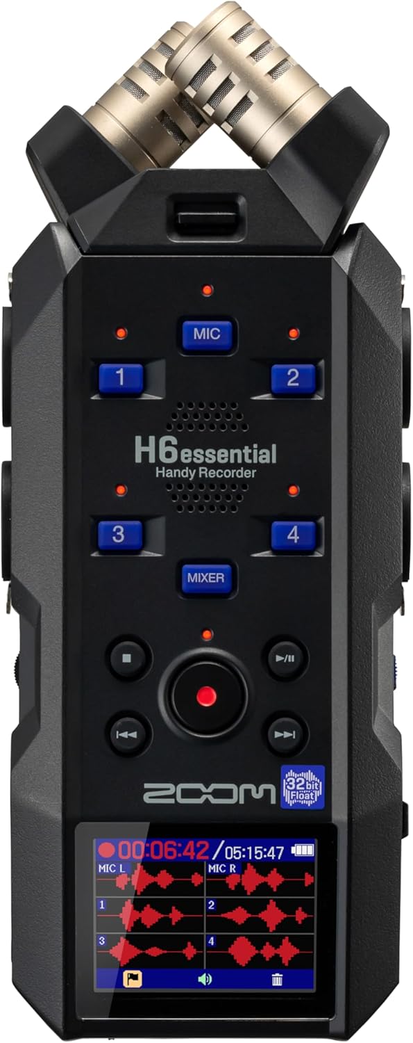 Zoom H6essential with 32-Bit Float, Accessibility, 6-Track Portable Recorder, Stereo Microphones, 4 XLR/TRS Inputs, Records to SD Card, USB Audio Interface, for Musicians, Podcasters, Filmmakers