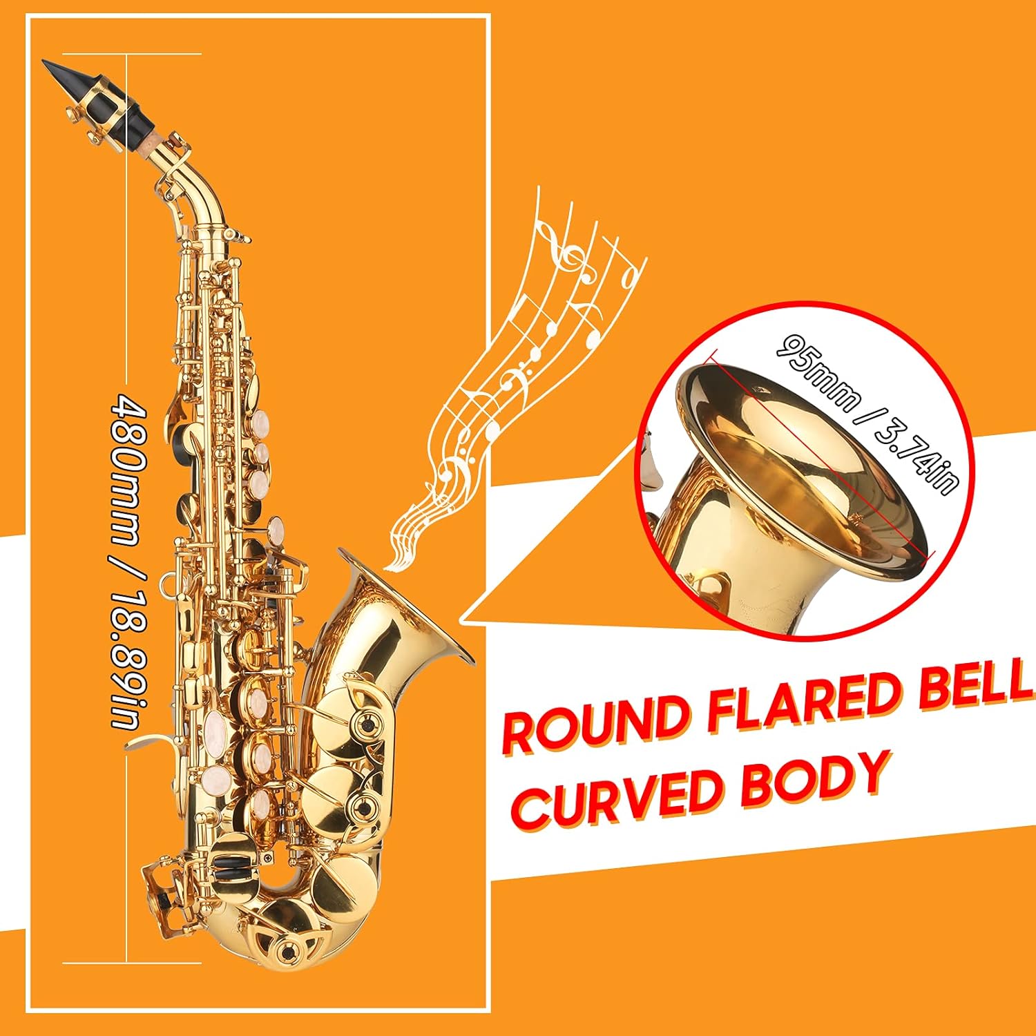 Bb Soprano Saxophone Gold Lacquer Brass Sax with Instrument Case Mouthpiece Neck Strap Cleaning Cloth Brush for Musicians Beginners