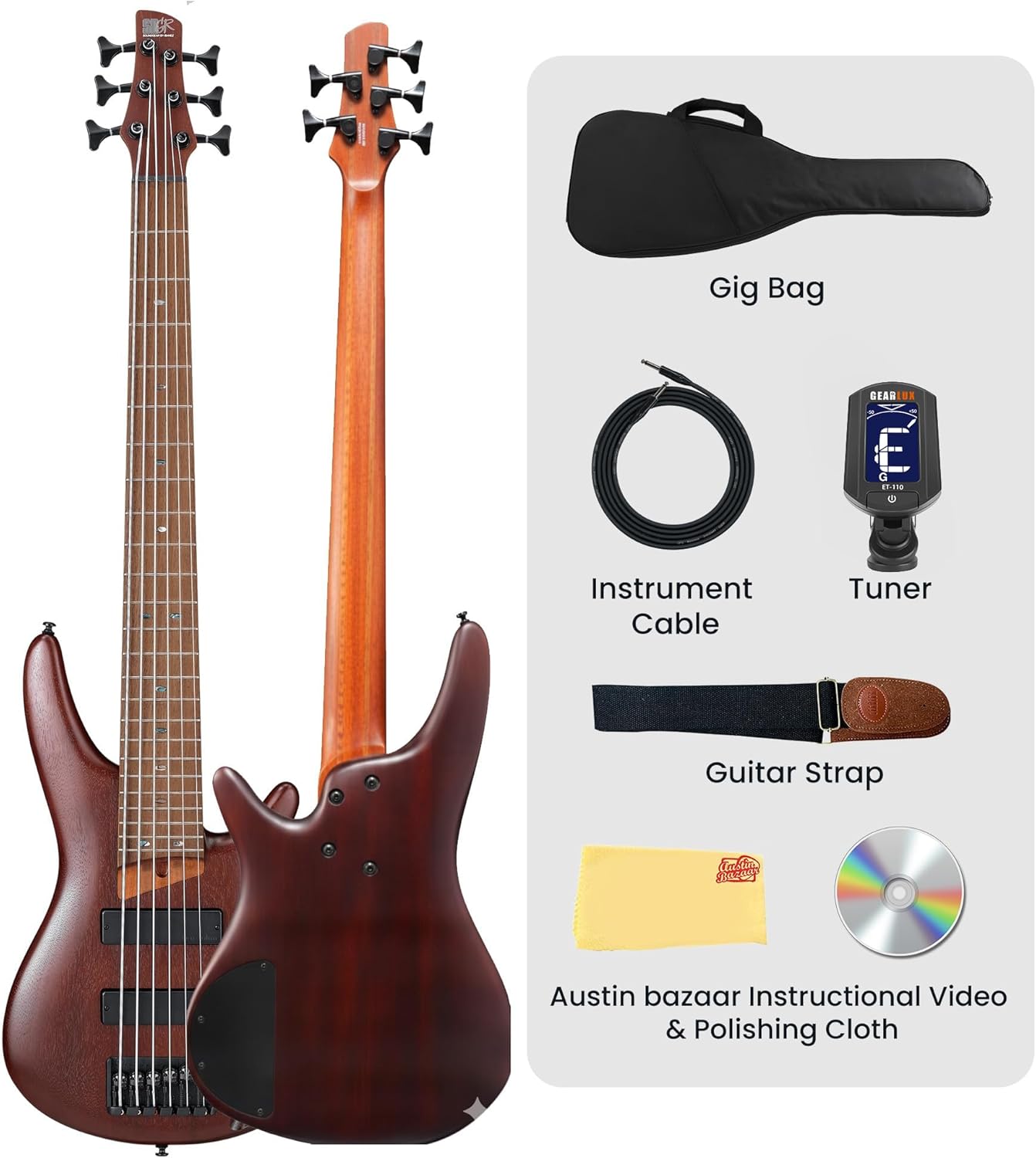 Ibanez SR506E SR Standard 6-String Bass Guitar - Brown Mahogany Bundle with Gig Bag, Tuner, Cable, Strap, Austin Bazaar Instructional DVD, and Polishing Cloth
