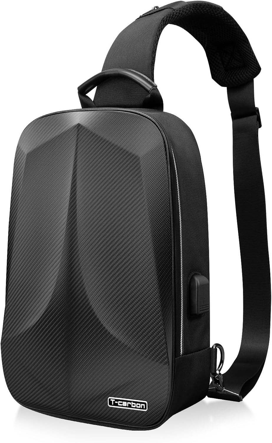 T-carbon Anti-Theft Sling Bag Backpack for Men,Carbon Fiber Hard Shell Waterproof Shoulder Bag with USB and Reset Lock for Travel Hiking,Black