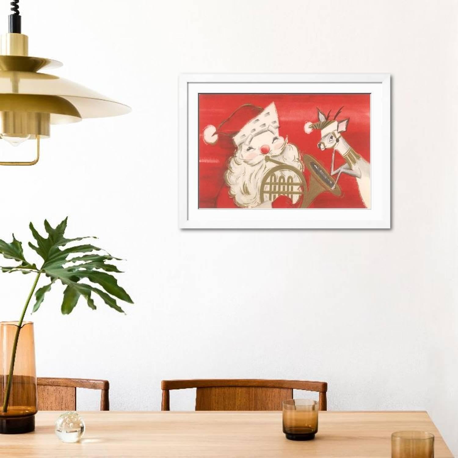 ART.COM Wall Art Print Reindeer, Santa with French Horn on White Frame, 44