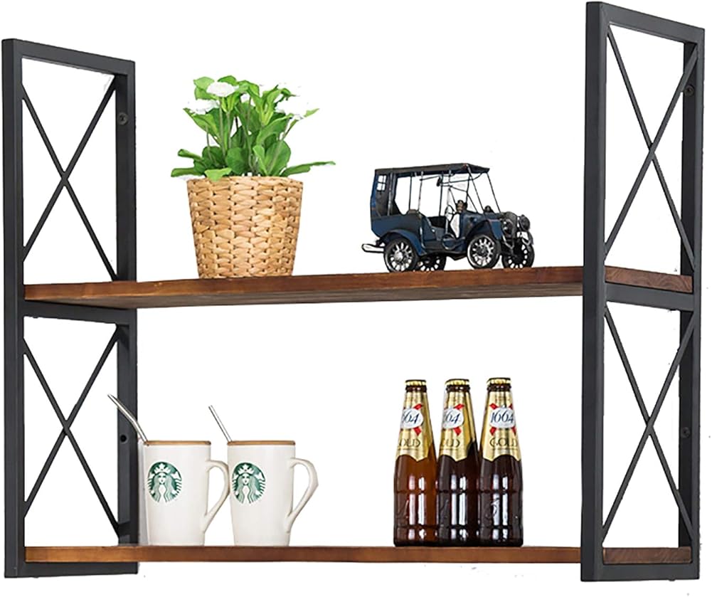 2-Tier Floating Shelves for Wall, Rustic Wood Geometric Style Decor Shelf,Industrial Pipe Bathroom Shelf Wall Mount,20kg Weight Capability,for Bathroom, Bedroom, Living Room,Kitchen, Office