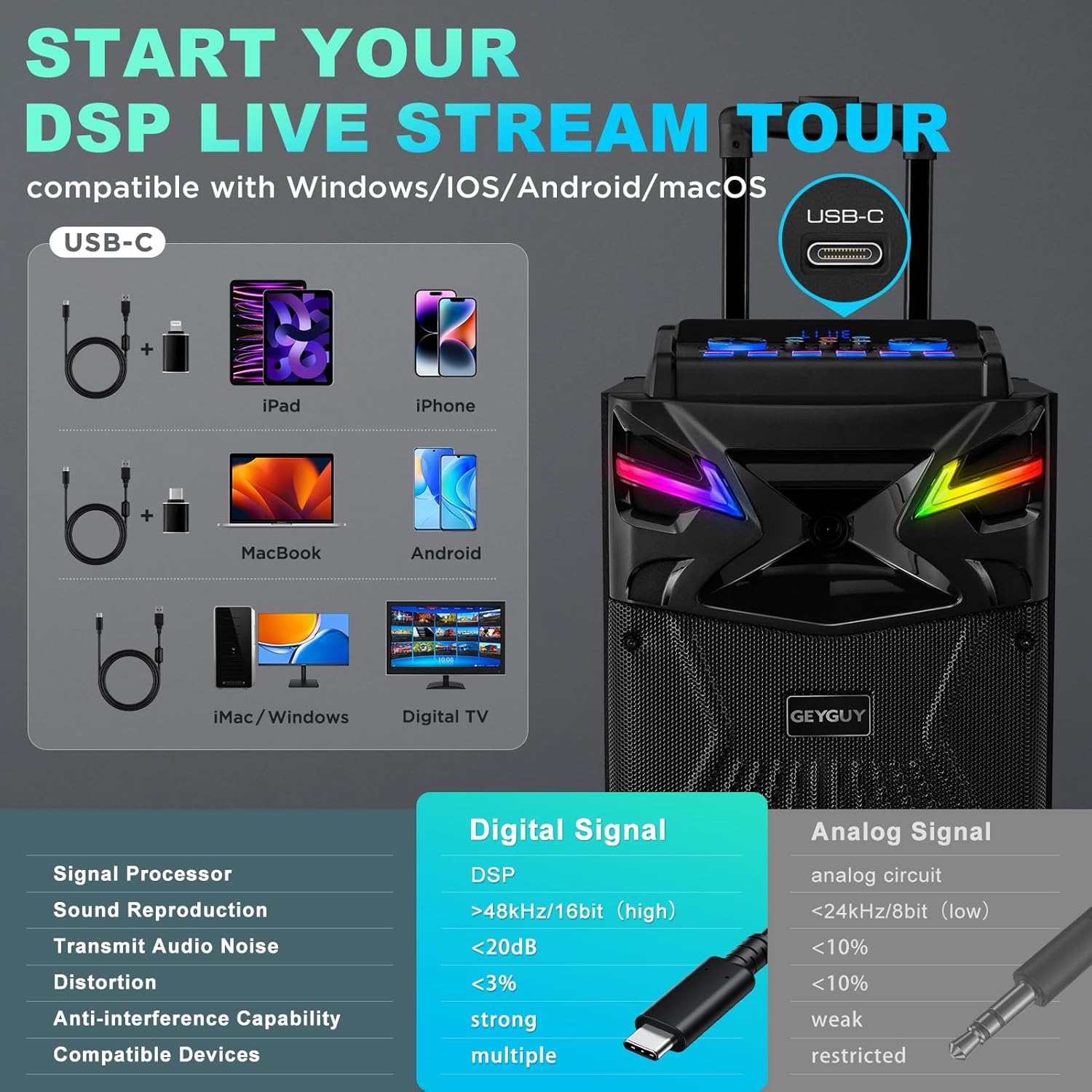 GTSK210‑1 Karaoke Machine for Adults with 2 Wireless Microphones, Portable Bluetooth Singing Speaker, PA System Treble & Bass, Live Streaming, Support USB/AUX/TF Card for Home Party Outdoors